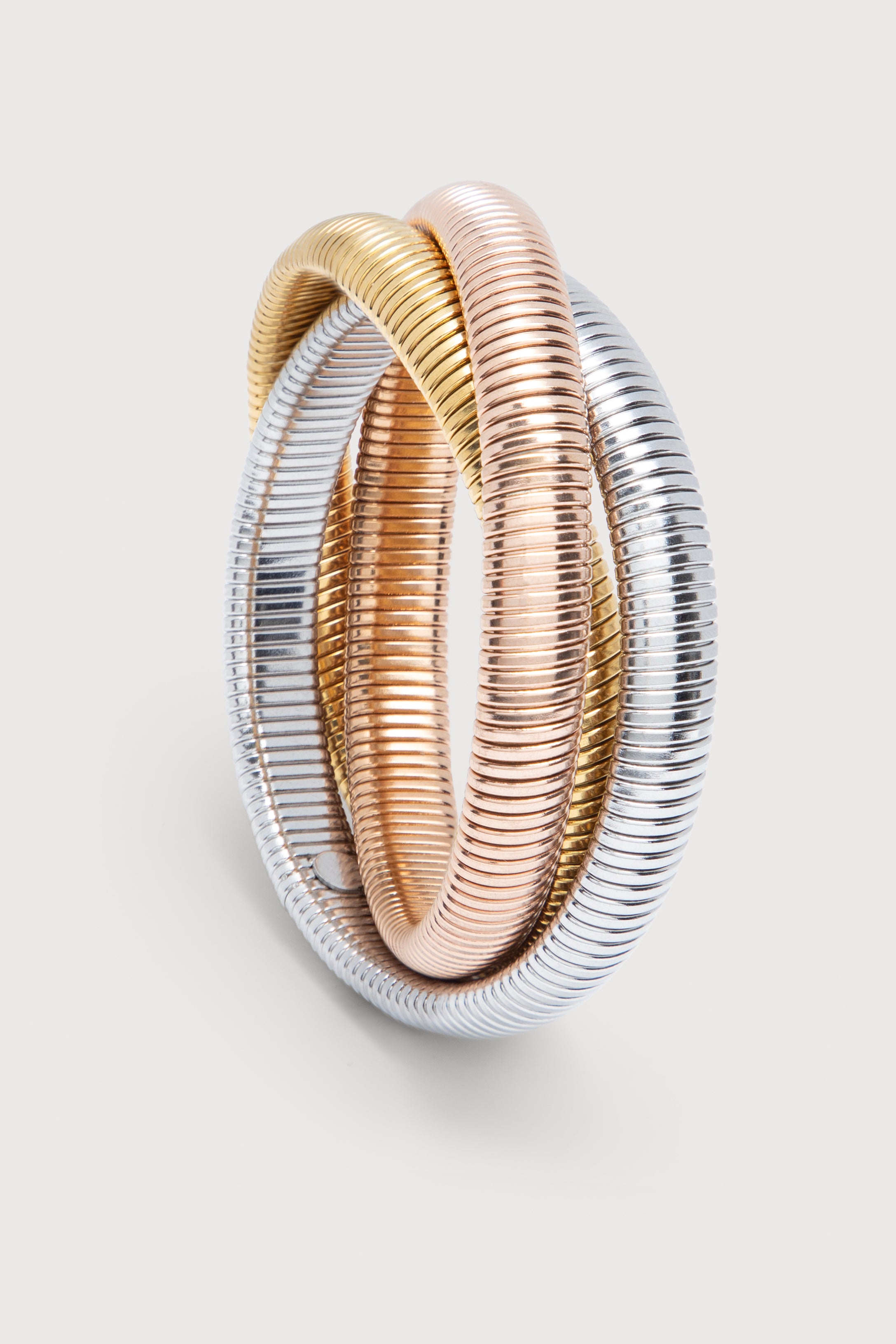 Elegant Three-Tone Coil Bracelet for Women - Gold Silver Rose Gold Adjustable Bangle - Perfect for Everyday Wear, Parties & Gifts