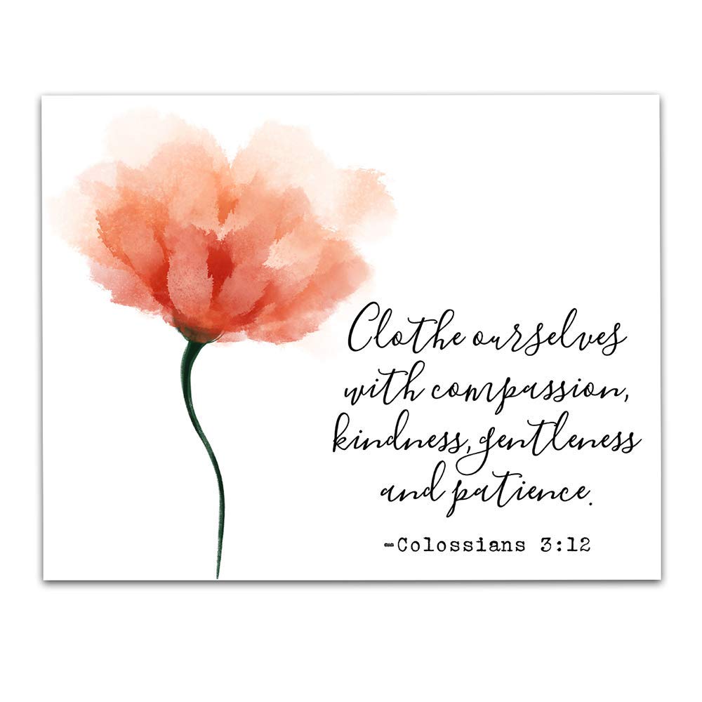 TJ Originals Christian Bible Verse Wall Art - Colossians 3:12 Inspirational Scripture Print 11x14, Compassion Quote Home Decor, Religious Gift for Women, Family & Friends (Flower Pastel) | Perfect for Living Room, Bedroom, Church & Office Decor