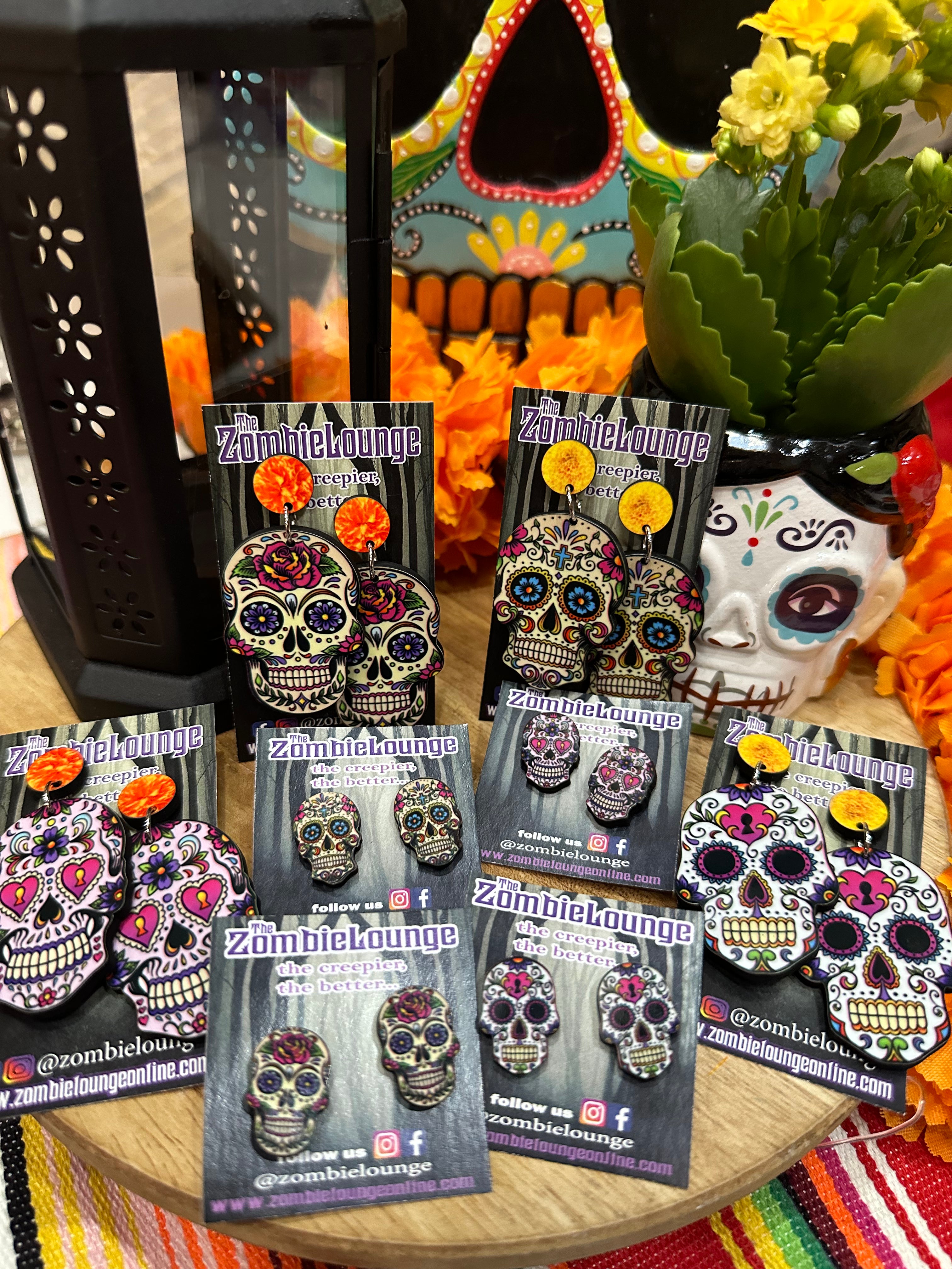 Sugar Skull Earrings for Women - Gothic Day of the Dead Dangle Earrings - Handmade Mexican Style Jewelry for Halloween, Dia de los Muertos, Costume Parties & Festivals