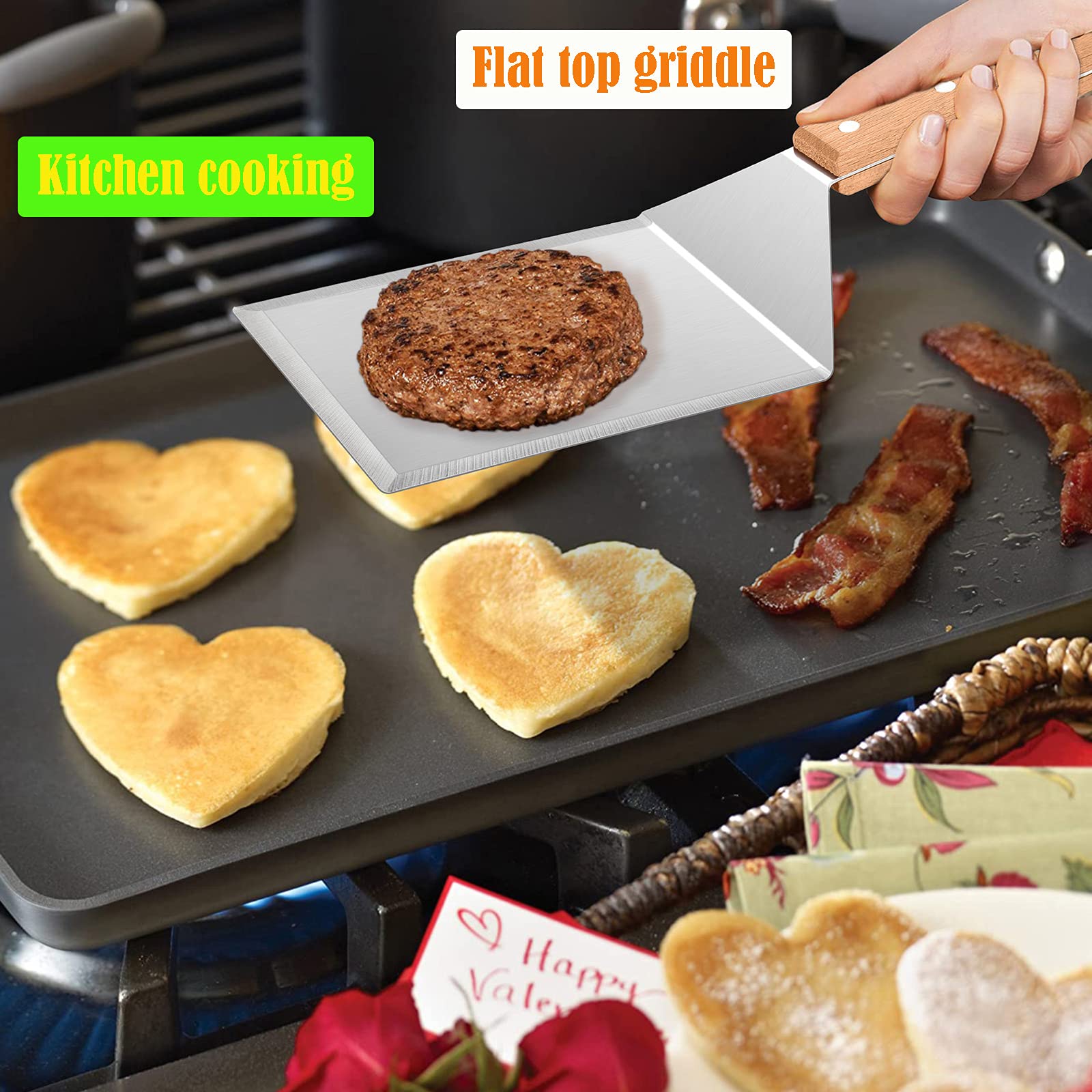**HaSteeL Professional Wooden & Metal Spatula Set - 2-Piece Griddle Spatulas for Hamburgers, Pancakes & Teppanyaki - Perfect for BBQ, Flat Top Grilling, Indoor & Outdoor Cooking - Includes 2 Hooks**    *(Use Cases: Ideal for flipping burgers, pancakes, omelets, and stir-frying on griddles, flat-top grills, or teppanyaki tables—great for home kitchens, outdoor BBQs, and commercial cooking.)*