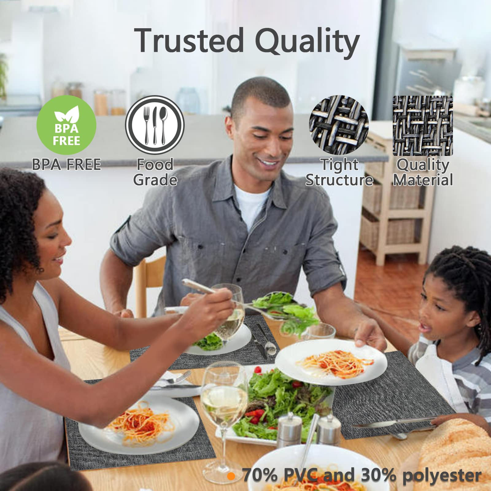 4-Pack Woven Vinyl Placemats for Dining Table - Waterproof & Washable Indoor/Outdoor Placemat Set (Dark Grey) - Perfect for Patio, Kitchen, and Restaurant Use