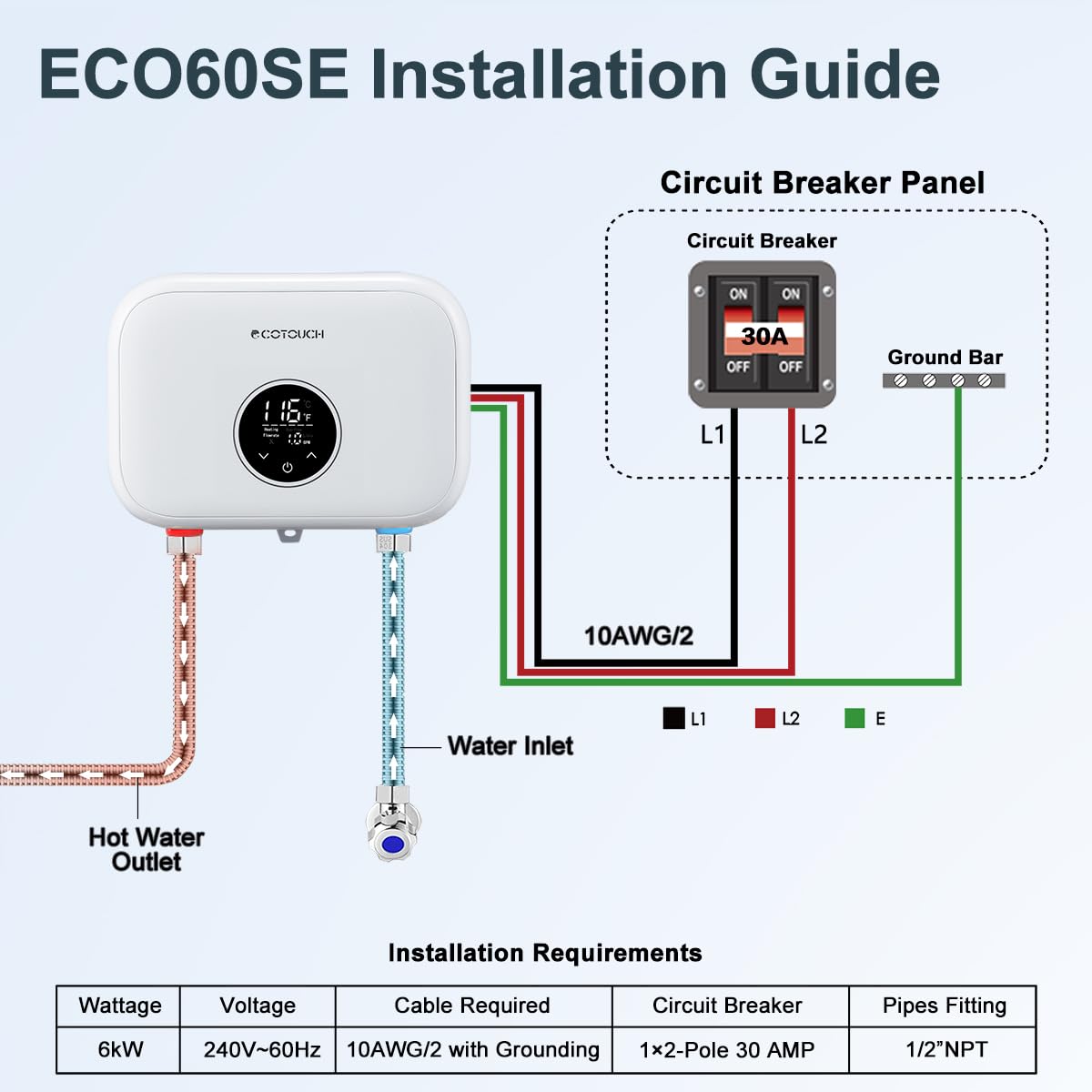 ECOTOUCH 6kW 240V Tankless Electric Water Heater - Instant On-Demand Hot Water, ETL Certified, Self-Modulating, White (ECO60SE) - Perfect for Small Homes, Apartments, and Point-of-Use Applications