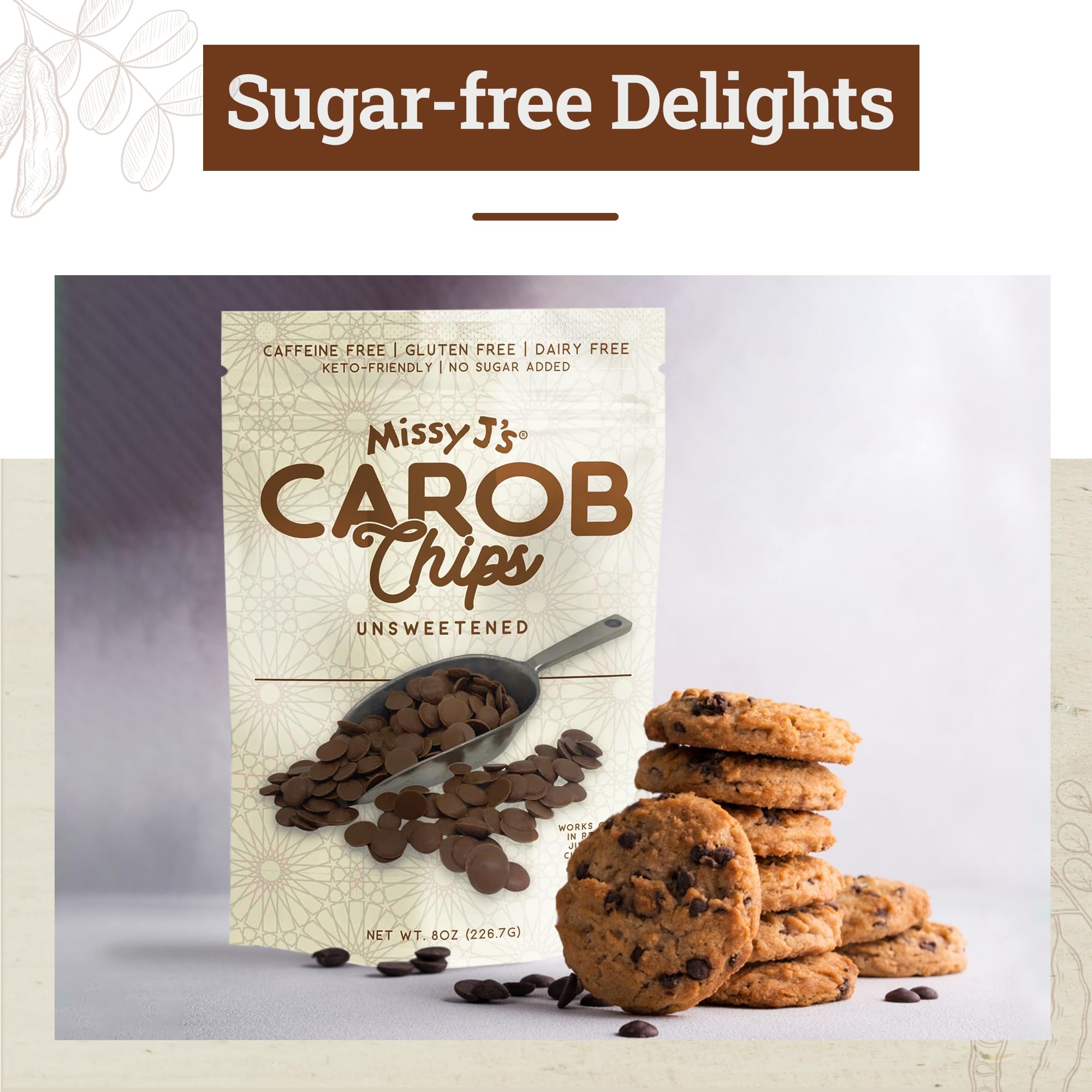 Organic Unsweetened Carob Chips 8 Oz - Vegan, Gluten-Free, Caffeine-Free Healthy Chocolate Alternative - Perfect for Baking, Snacks, Desserts & Vegan Treats