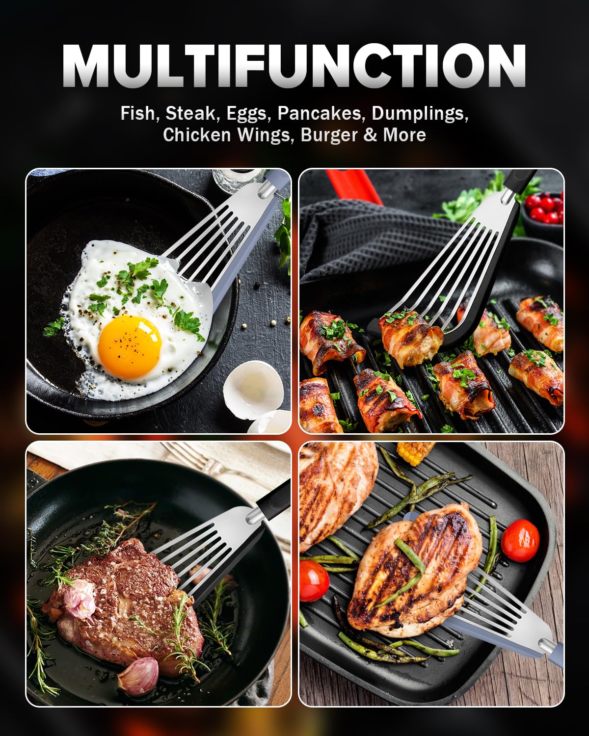 Premium Silicone Fish Spatula Set of 2 - Thin Slotted Nonstick Kitchen Turner for Eggs, Pancakes & Fish - Heat Resistant Flexible Stainless Steel Cooking Utensils - Perfect for Grilling, Frying & Baking at Home