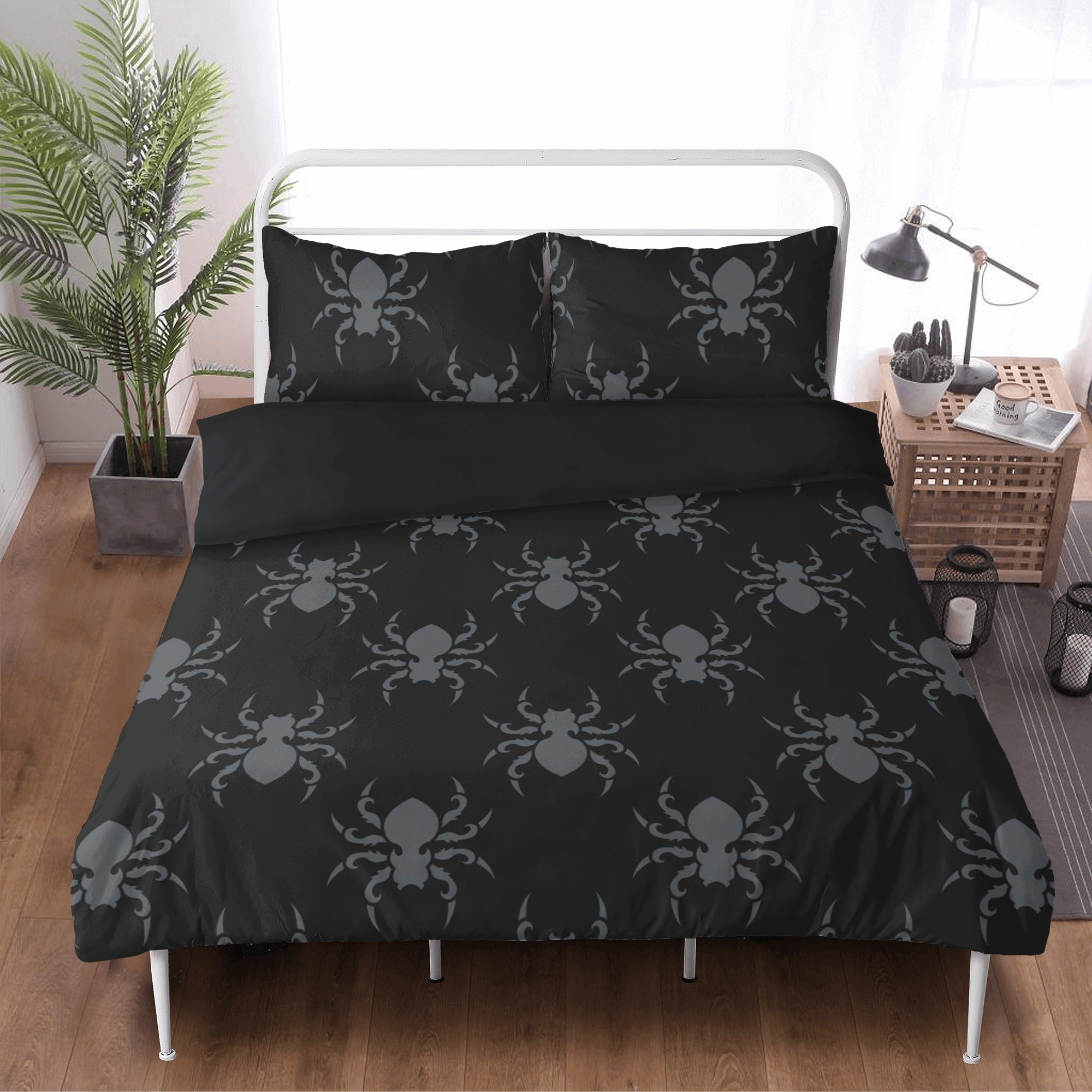 Goth Spider 3-Piece Bedding Set - Black Gothic Spiderweb Comforter, Pillowcases & Sheet for Halloween Decor, Horror Theme Bedroom, or Alternative Aesthetic Lovers