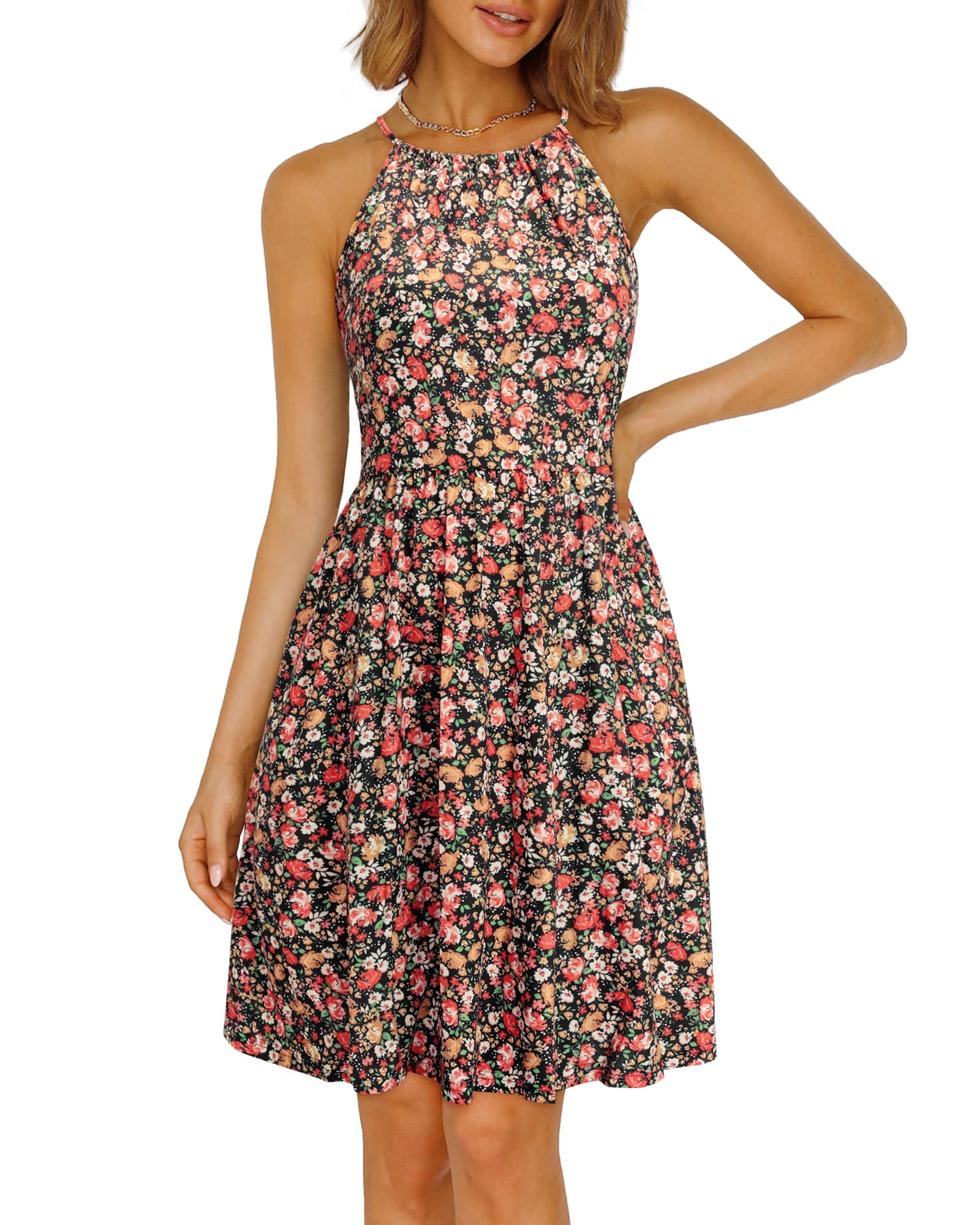 KILIG Women's Halter Neck Sundress - Sleeveless Summer Beach Dress with Pockets | Casual Flowy Dress for Vacation, Pool Party & Outdoor Activities