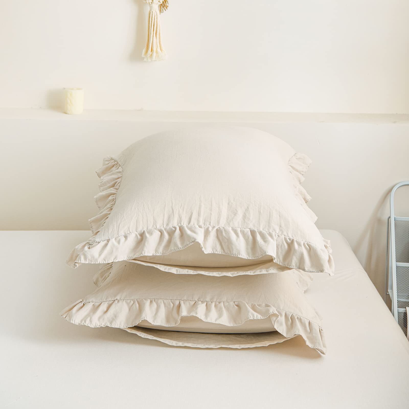 Beige & Grey Ruffled Pillow Shams Set of 2 - Standard/Queen Size (20''x30'') - Shabby Chic Decorative Pillowcases for Bedroom, Living Room & Home Decor