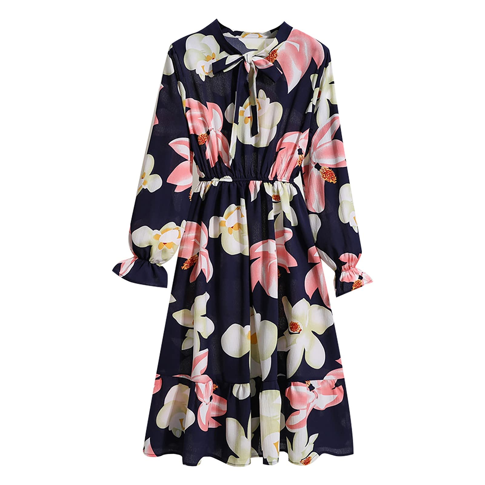 GTMANG Women's Elegant Long Sleeve Bowknot Midi Dress with Elastic Waist - Slim Fit Party Cocktail Dress for Work, Date Night & Special Occasions