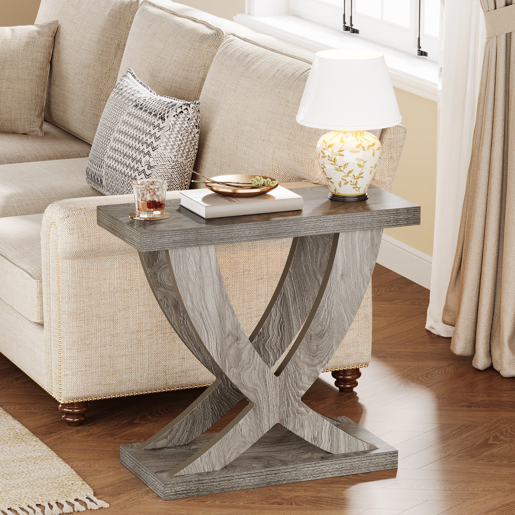 Rustic Wooden End Table with Cross Fishtail Support - Farmhouse Style Nightstand or Side Table for Bedroom, Living Room & Office Decor