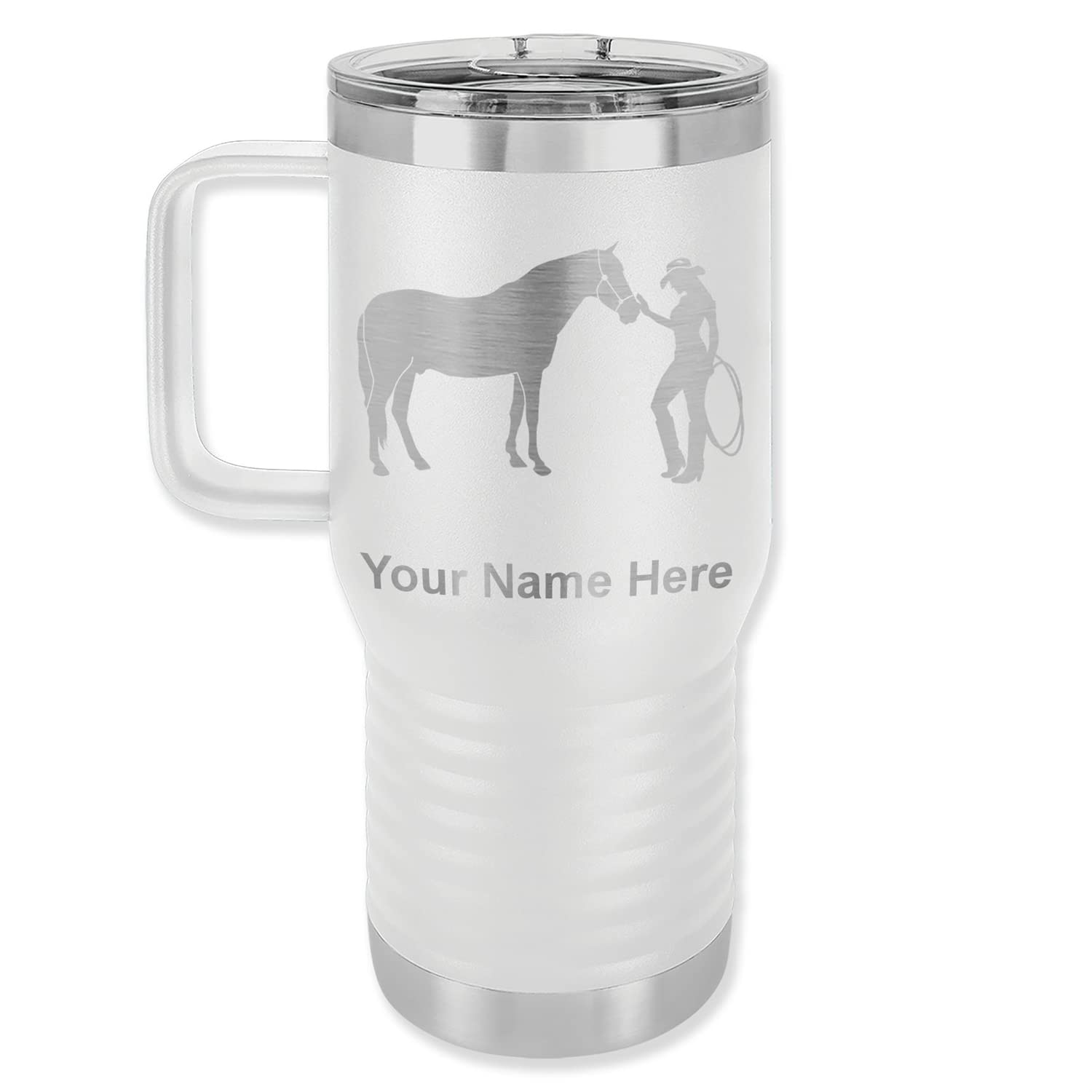 LaserGram 20oz Vacuum Insulated Stainless Steel Travel Mug with Handle - Personalized Horse & Cowgirl Engraving - White - Perfect for Coffee, Tea & Hot/Cold Drinks on the Go, Office, Camping & Road Trips