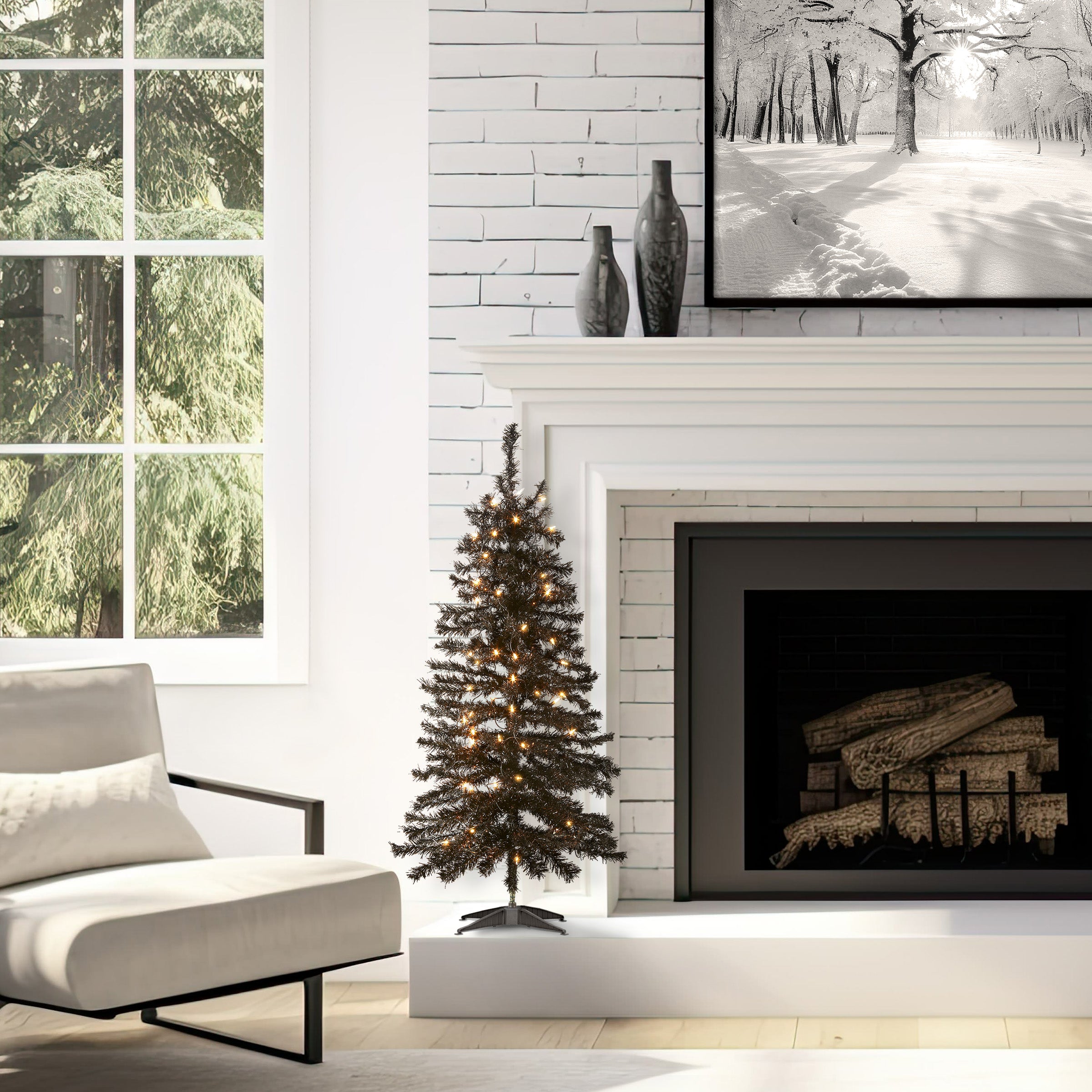 4 ft. Halloween Pre-Lit Black Tinsel Tree with White LED Lights - Spooky Holiday Decor for Home, Party & Indoor/Outdoor Use