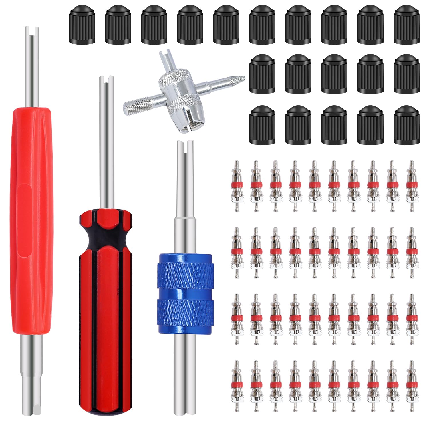 64PCS Tire Valve Stem Removal Tool Kit - 40PCS Valve Cores, 20PCS Caps, 4-Way Valve Tool & Dual Head Remover for Car, Bike, Motorcycle Tire Repair & Maintenance