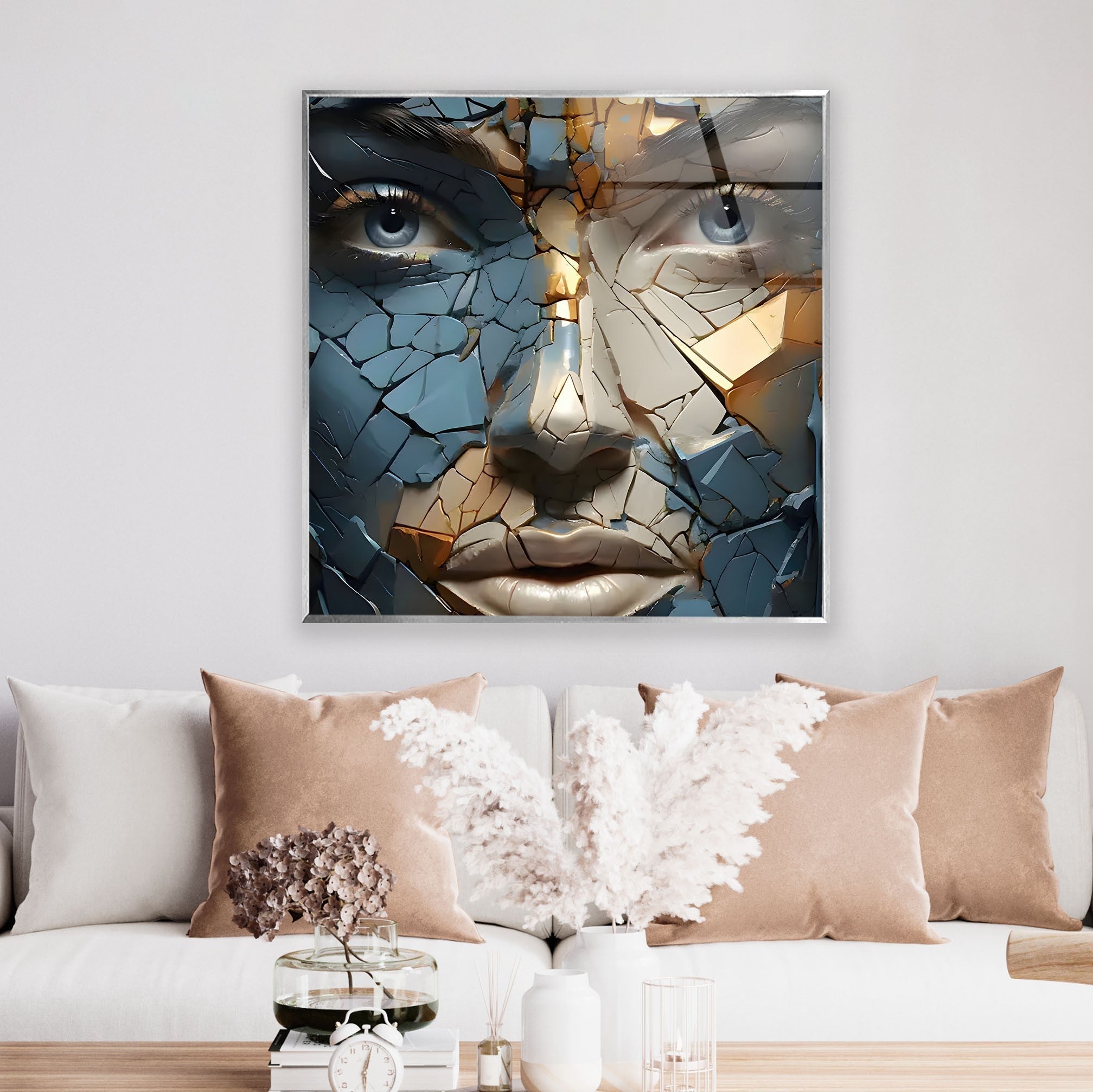 Blue Cracked Design Woman Glass Wall Art - Elegant Home Decor for Living Room, Bedroom & Office - Perfect Gift Idea