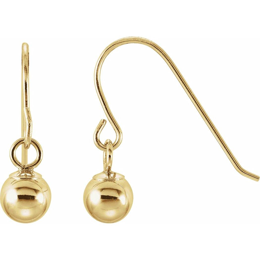 14K Yellow Gold 4mm Wire Backs Polished Ball Long Drop Dangle Earrings with Shepherd Hooks - Elegant Women's Jewelry Gift for Parties, Weddings & Special Occasions