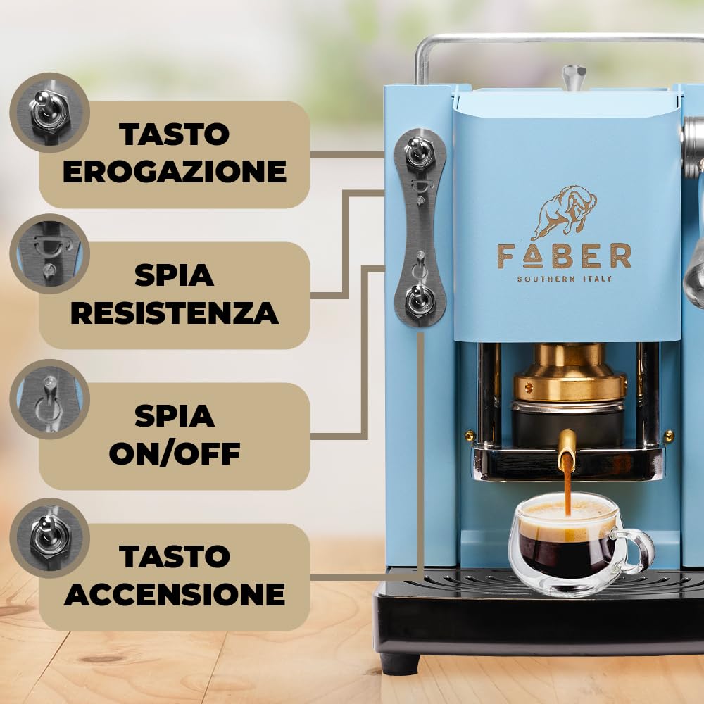 FABER COFFEE MACHINE | Pro Mini Deluxe Model | 44mm E.S.E. Pod Coffee Machine | Chrome Finish | Brass Portafilter (Turquoise) - Perfect for Home, Office & Small Cafes