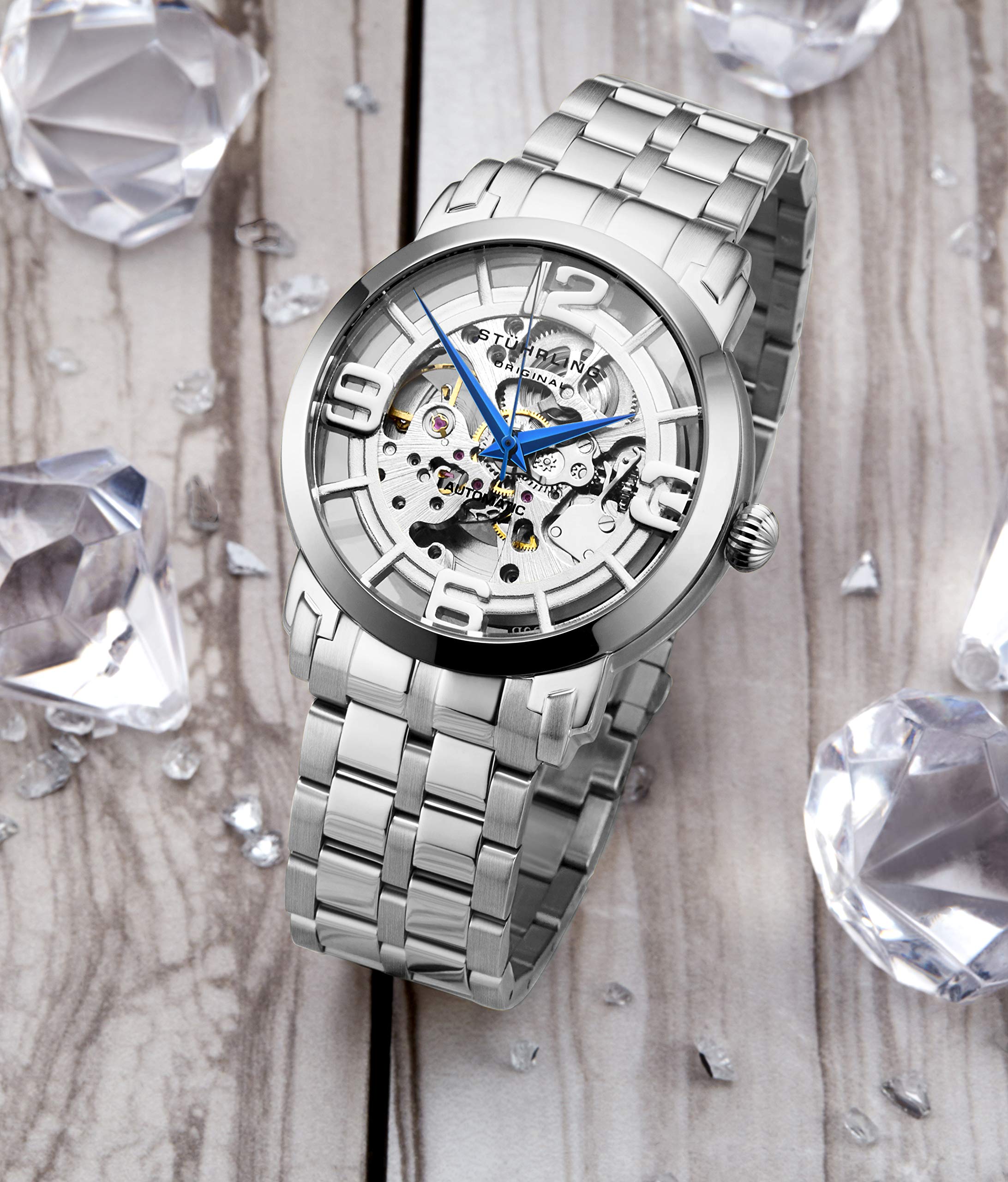 Stuhrling Original Men's Skeleton Automatic Watch - Self-Winding Mechanical Dress Watch - Winchester 44 Elite Silver Watch for Business & Formal Occasions