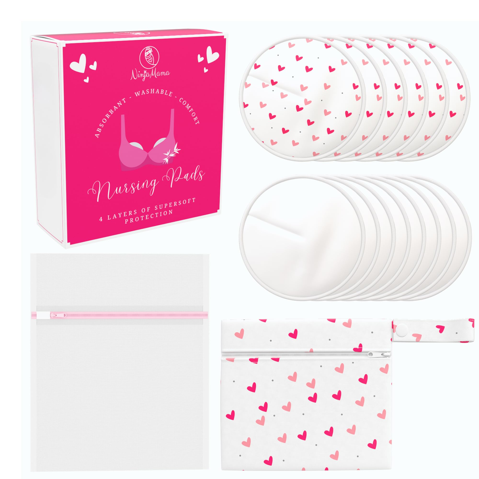 Ninja Mama Super Soft Washable Bamboo Viscose Nursing Pads - Reusable Breast Pads for Breastfeeding & Leak Protection (14-Pack) | Comfortable & Eco-Friendly for Daily Use, Work & Travel