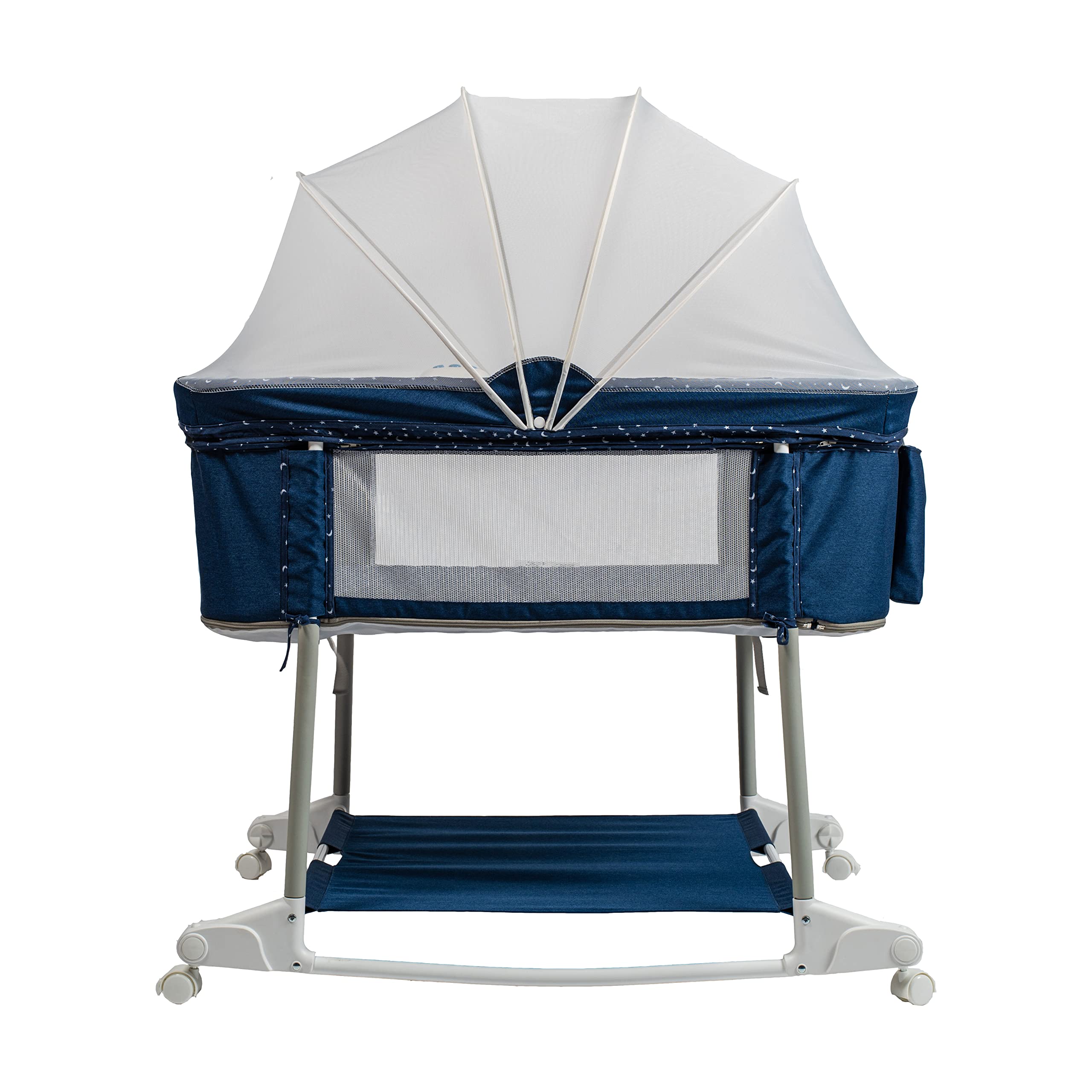 Portable 3-in-1 Baby Bassinet on Wheels - Adjustable Bedside Sleeper, Rocking Crib & Playard with Breathable Mesh, Detachable Mosquito Net, Vibration Music Box & Night Light (Navy Blue) - Perfect for Nursery, Bedroom & Travel Use
