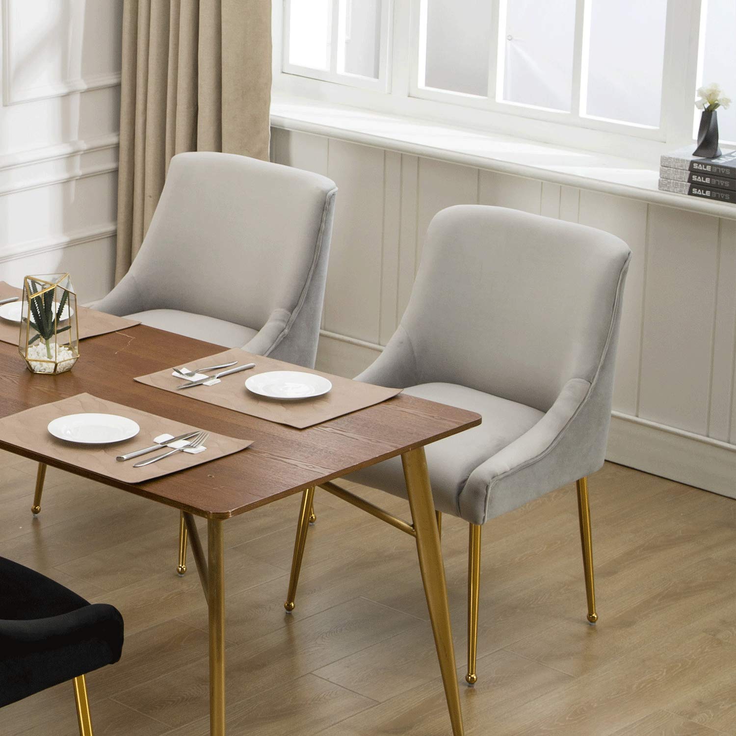 Guyou Grey Velvet Dining Chairs Set of 2 - Modern Upholstered Accent Chairs with Gold Metal Legs for Kitchen, Dining Room, Living Room & Bedroom - Perfect for Small Spaces, Apartments and Home Decor (Grey)