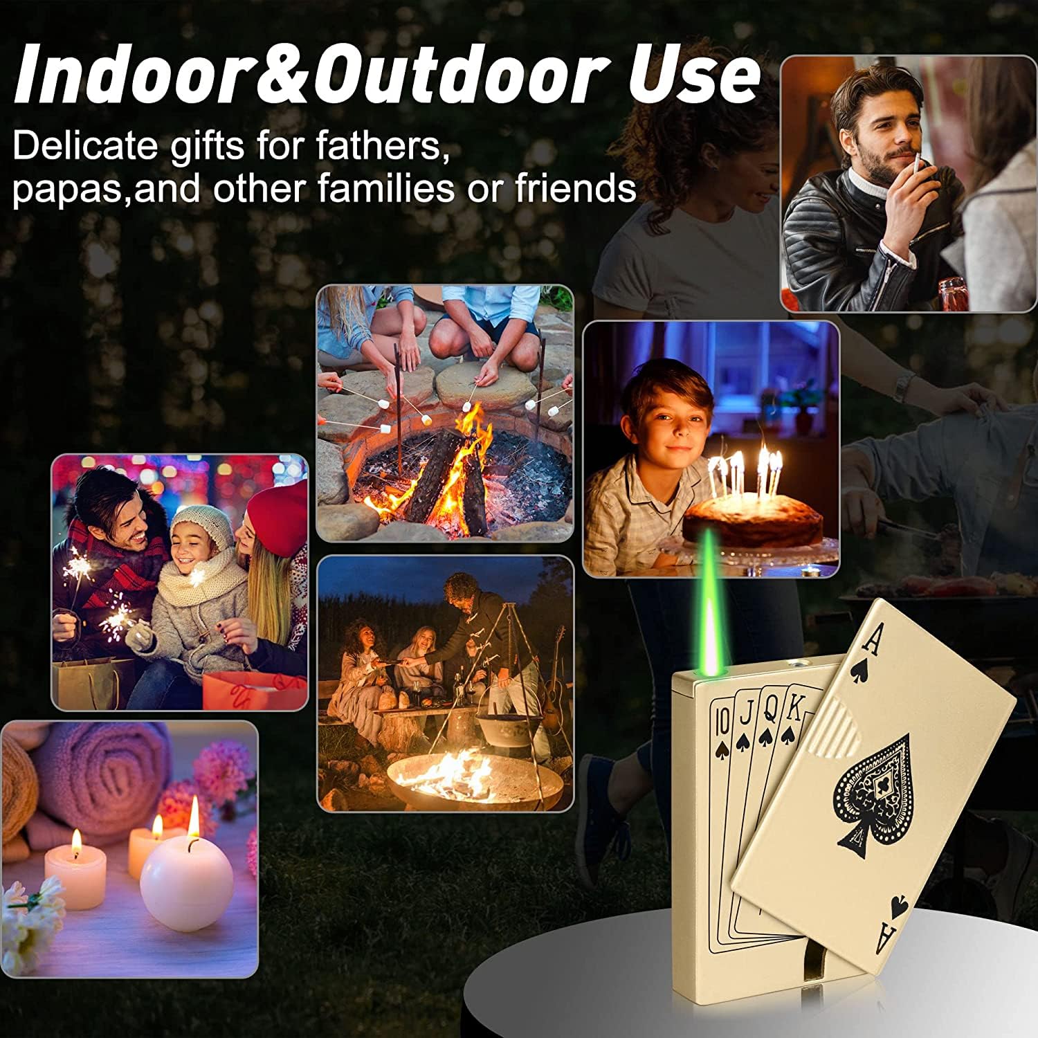 Jet Torch Lighter - Ace Card Green Flame Windproof Butane Lighter with Metal Poker Design, Refillable Cool Lighter for Outdoor Camping, BBQ, Candle Lighting, Birthday Gifts for Men & Women (Gas Not Included) - Perfect for Campfires, Grilling, Candle Parties & Survival Kits