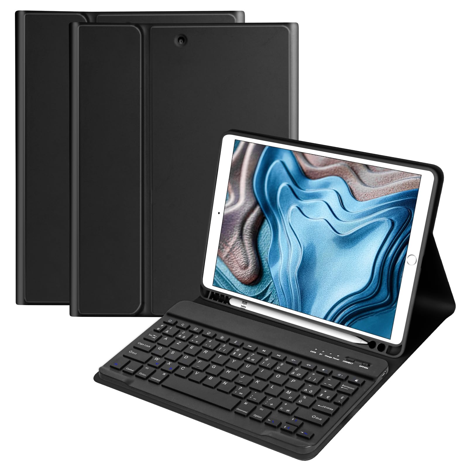 HOTLIFE Wireless Bluetooth Keyboard Case for iPad 10.2 9th/8th/7th Gen 2021/2020/2019 & iPad Air 3 2019 & iPad Pro 10.5 - French AZERTY Layout, Removable Protective Cover (Black) - Perfect for Work, Study & Travel