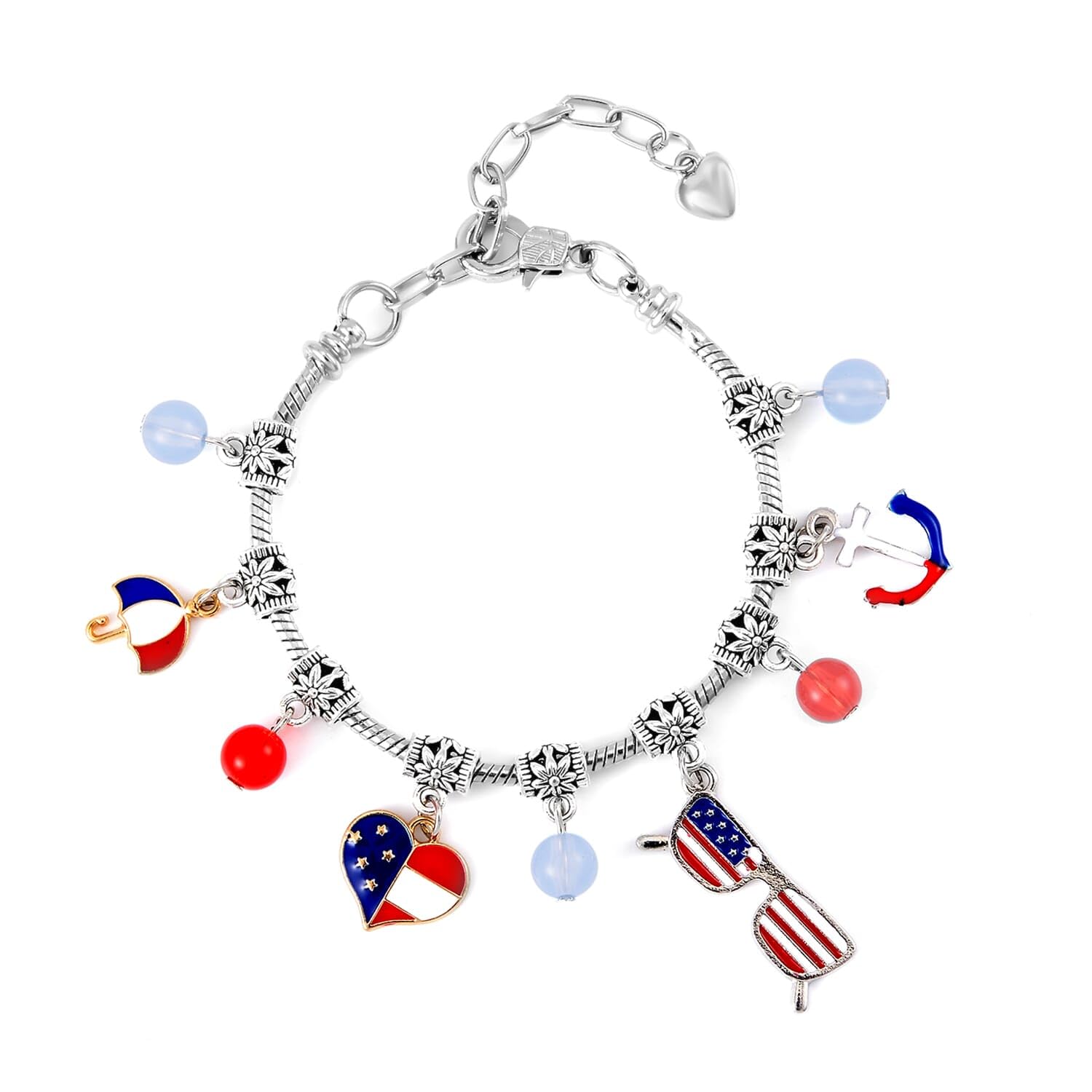 Elegant Blue & Red Glass Silvertone Bracelet for Women - Adjustable Size 7-9