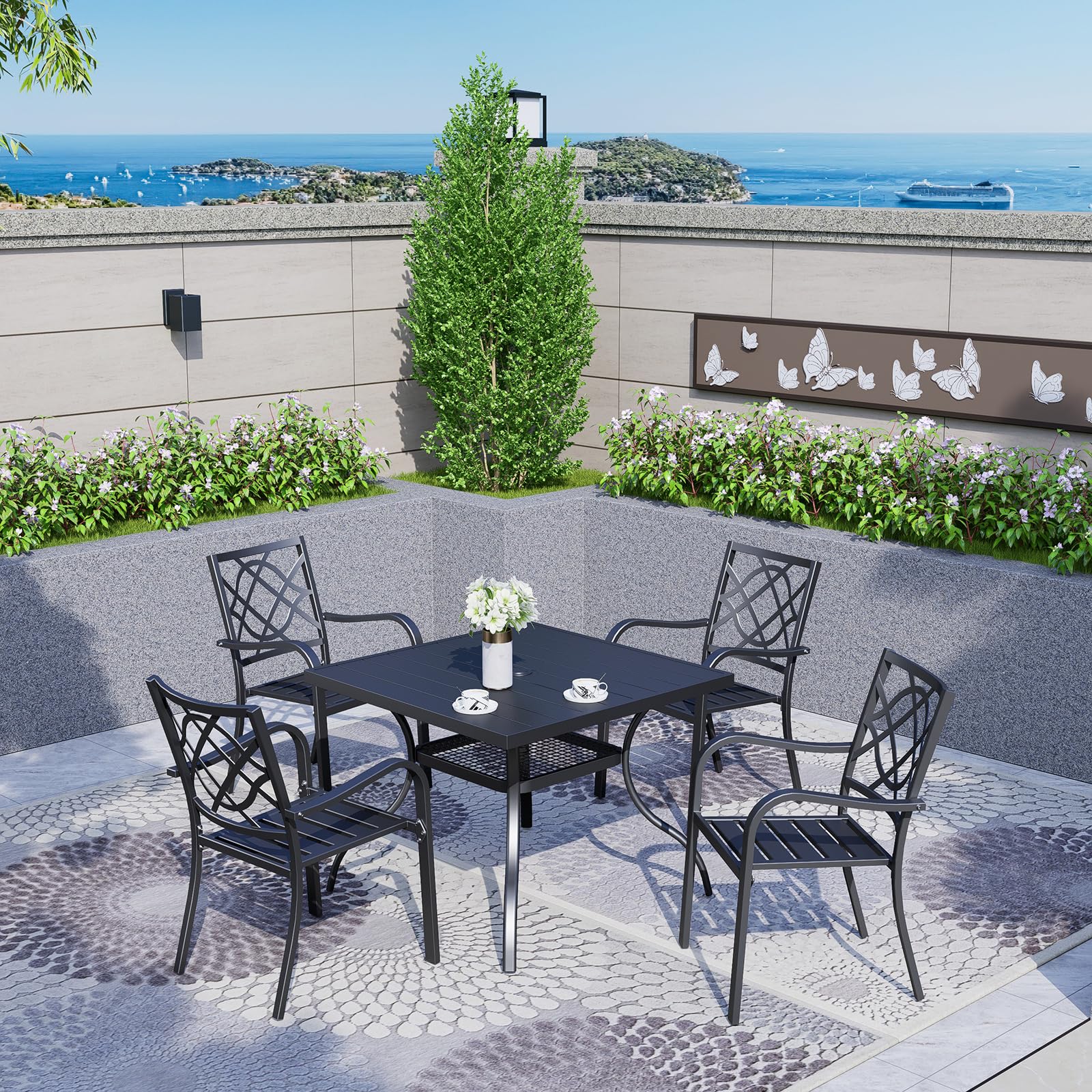 Crownland 5-Piece Outdoor Patio Dining Set - 4 Stackable Metal Chairs & Square Metal Table with 1.57