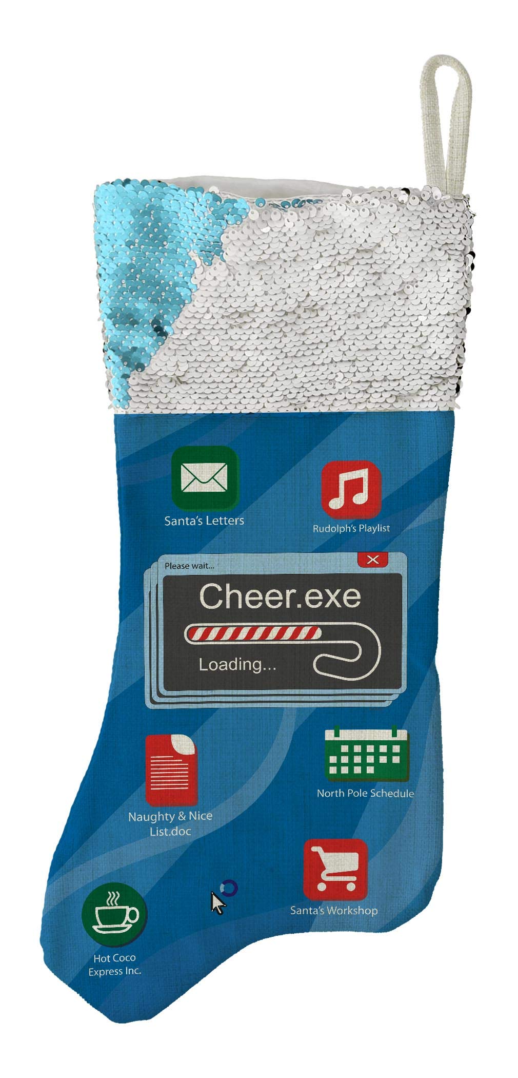 Cheer.exe Loading Christmas PC Icons Flip Sequin Stocking - Blue Computer Programmer Novelty Gift for Tech Lovers (Perfect for Office Decor, Secret Santa & Holiday Tech Enthusiasts)