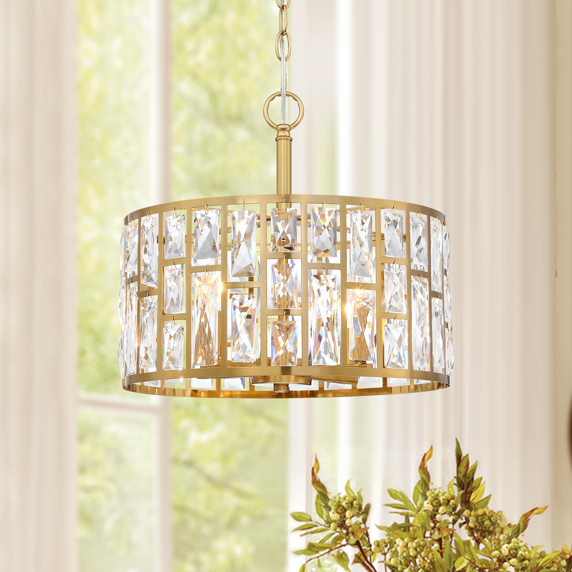 Farmhouse Crystal Convertible Chandelier & Semi-Flush Mount Lighting - Gold Cylinder Drum Shade Pendant Light Fixture for Kitchen Island, Dining Room, Bedroom & Hallway | Elegant Home Decor & Ambient Lighting Solution