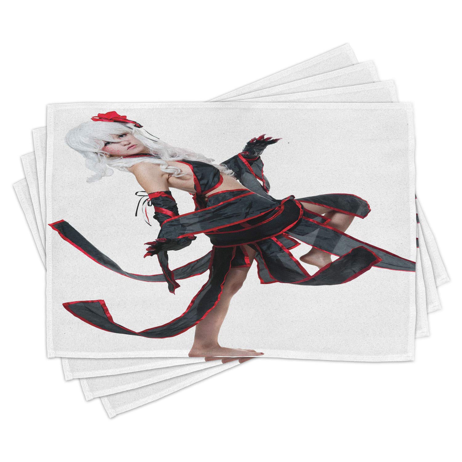 Ambesonne Anime Place Mats Set of 4 - Japanese Manga Style Warrior Girl Illustration, Washable Fabric Dining Table Mats for Kitchen & Dining Room Decor (Red, White, Black) | Perfect for Anime Fans, Themed Parties & Japanese Culture Enthusiasts