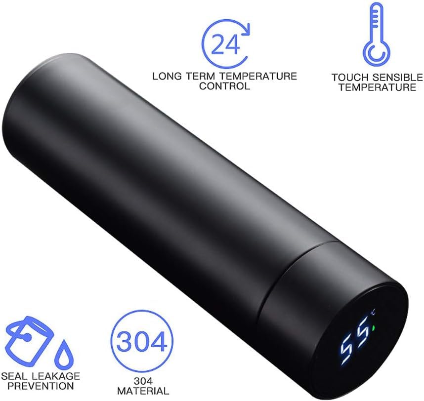 One94Store 500ml Smart LED Temperature Display Stainless Steel Vacuum Insulated Water Bottle - Double Wall Thermos for Hot & Cold Drinks, Leak Proof Travel Mug (Black) - Perfect for Gym, Hiking, Office & Outdoor Activities