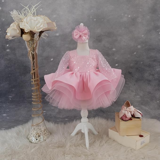 Baby Girl Long Sleeve Tutu Dress with Bowknot - Lace & Feather Flower Girl Party Outfit for Infants & Toddlers (Pink Sequin, Age 1 Year) - Perfect for Christmas, Birthday, Wedding & Special Occasions - Cute Photo Shoot & Holiday Celebration Outfit