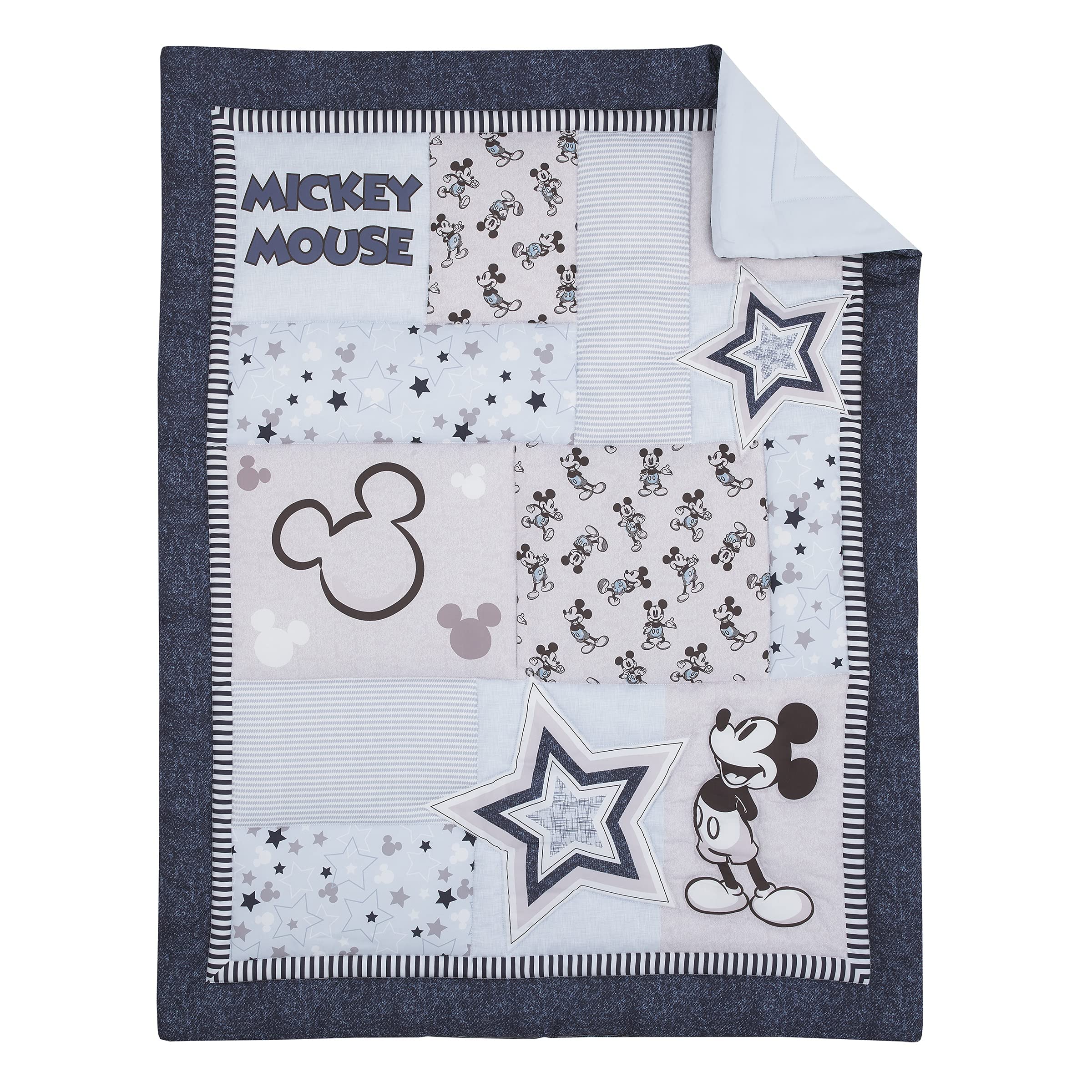 Disney Mickey Mouse 3-Piece Nursery Crib Bedding Set - Blue Gray White Stars & Icons Comforter, Fitted Sheet & Skirt - Timeless Baby Boy Room Decor for Newborns & Toddlers (Navy)