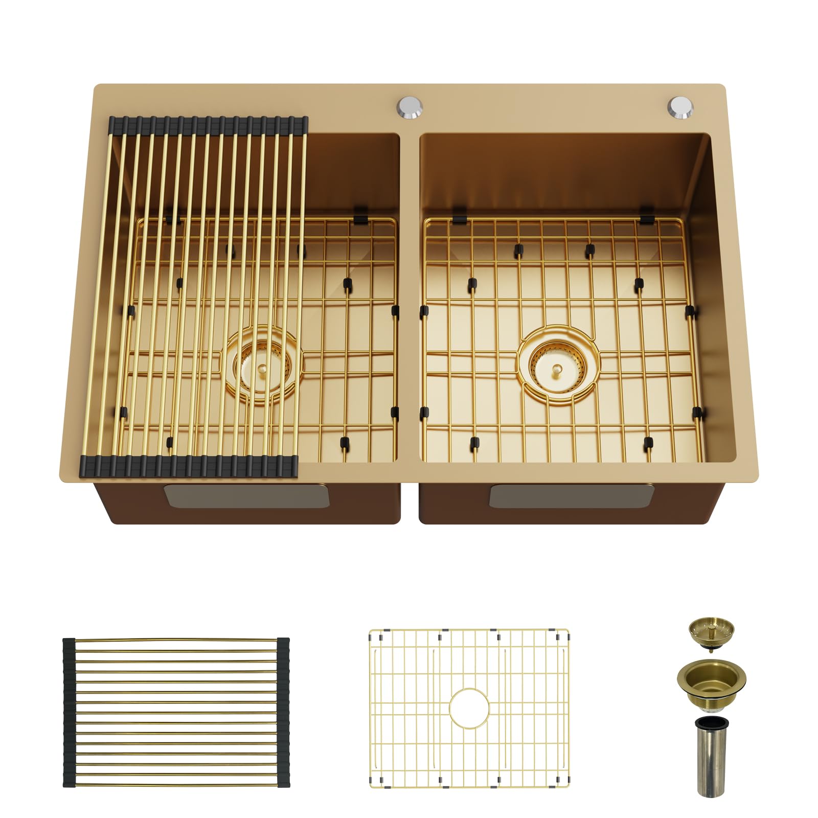 33x22 Inch Gold 50/50 Double Bowl Stainless Steel Drop-In Kitchen Sink with Gold-Tone Accessories - Rack, Grid & Drain Assembly | Modern Luxury Farmhouse & Contemporary Kitchen Upgrade | Perfect for Cooking, Washing & Food Prep