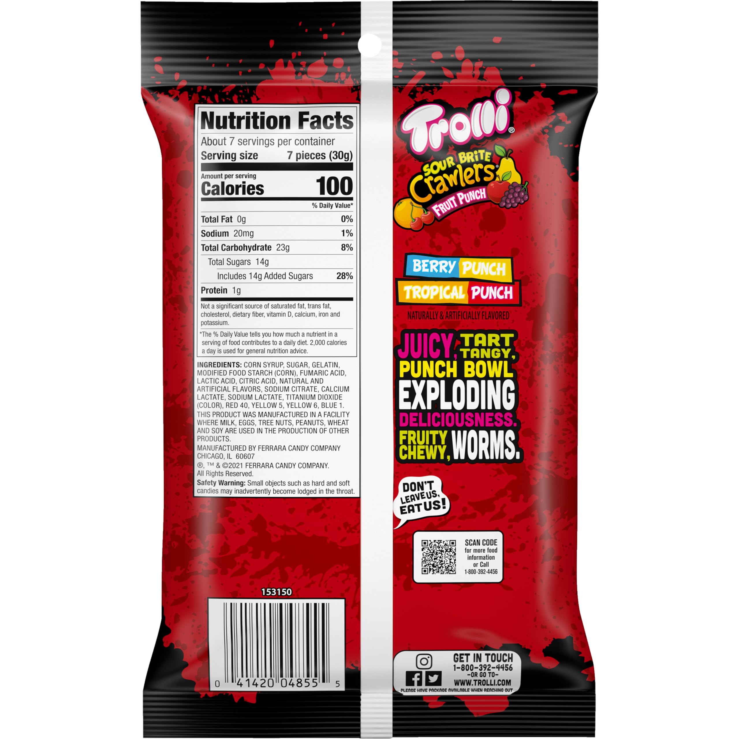 Trolli Sour Brite Crawlers Candy - Fruit Punch Flavored Sour Gummy Worms (7.2 oz) | Bulk Sour Candy for Parties, Halloween Treats & Movie Night Snacks