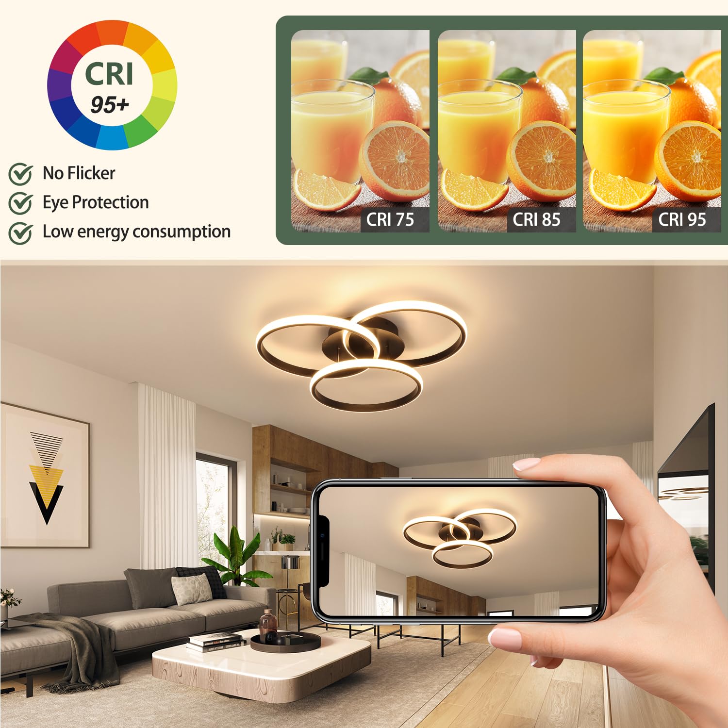 Modern LED Ceiling Light Fixture with Remote Control - Dimmable Flush Mount Lighting for Bedroom, Living Room, Dining Room & Kitchen (Black, 3000K-6500K) - Energy Efficient Home & Office Lighting Solution