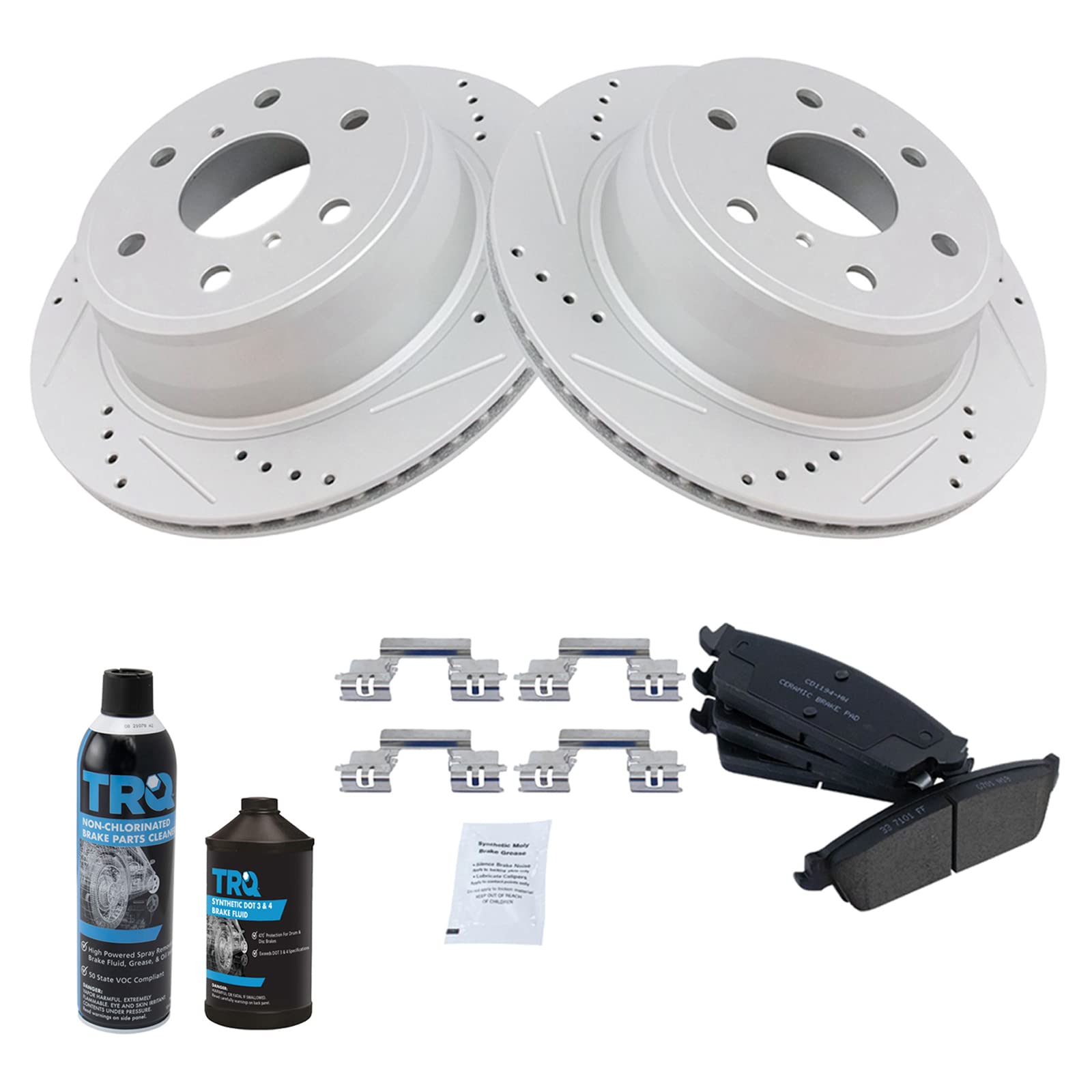 TRQ Rear Ceramic Brake Pads & Cross Drilled Rotors Kit with Anti-Squeal Shims - High Performance Braking for Trucks, SUVs, and Sedans - Perfect for Daily Commuting, Off-Roading, and Towing