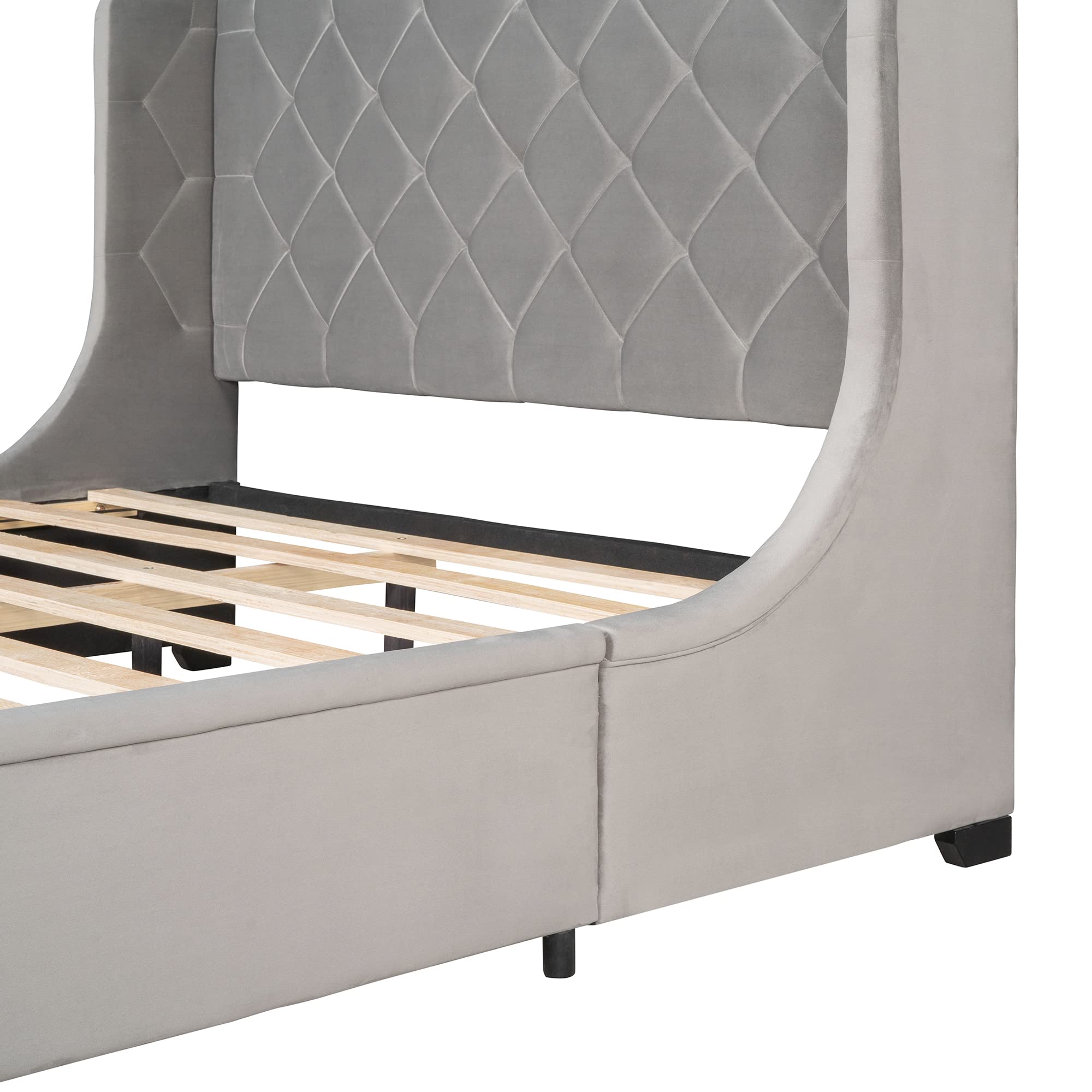 Merax Queen Size Storage Bed with Drawer - Velvet Upholstered Platform Bed Frame with Wingback Headboard & Wooden Slat Support | Grey Modern Bedroom Furniture for Small Spaces & Guest Rooms