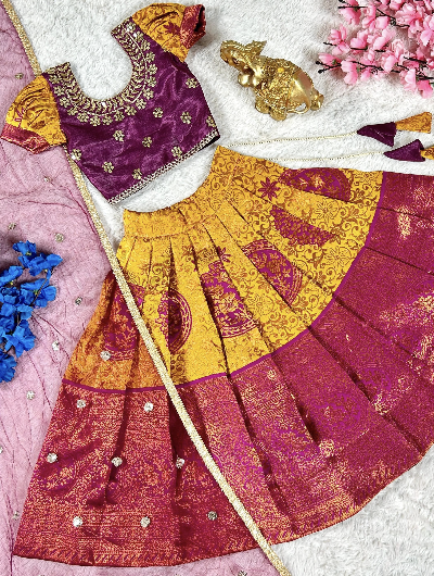 Festive Maroon & Mango Yellow Kids Lehenga Choli Set - Traditional Indian Dress for Girls, Birthday & Wedding Party Outfit