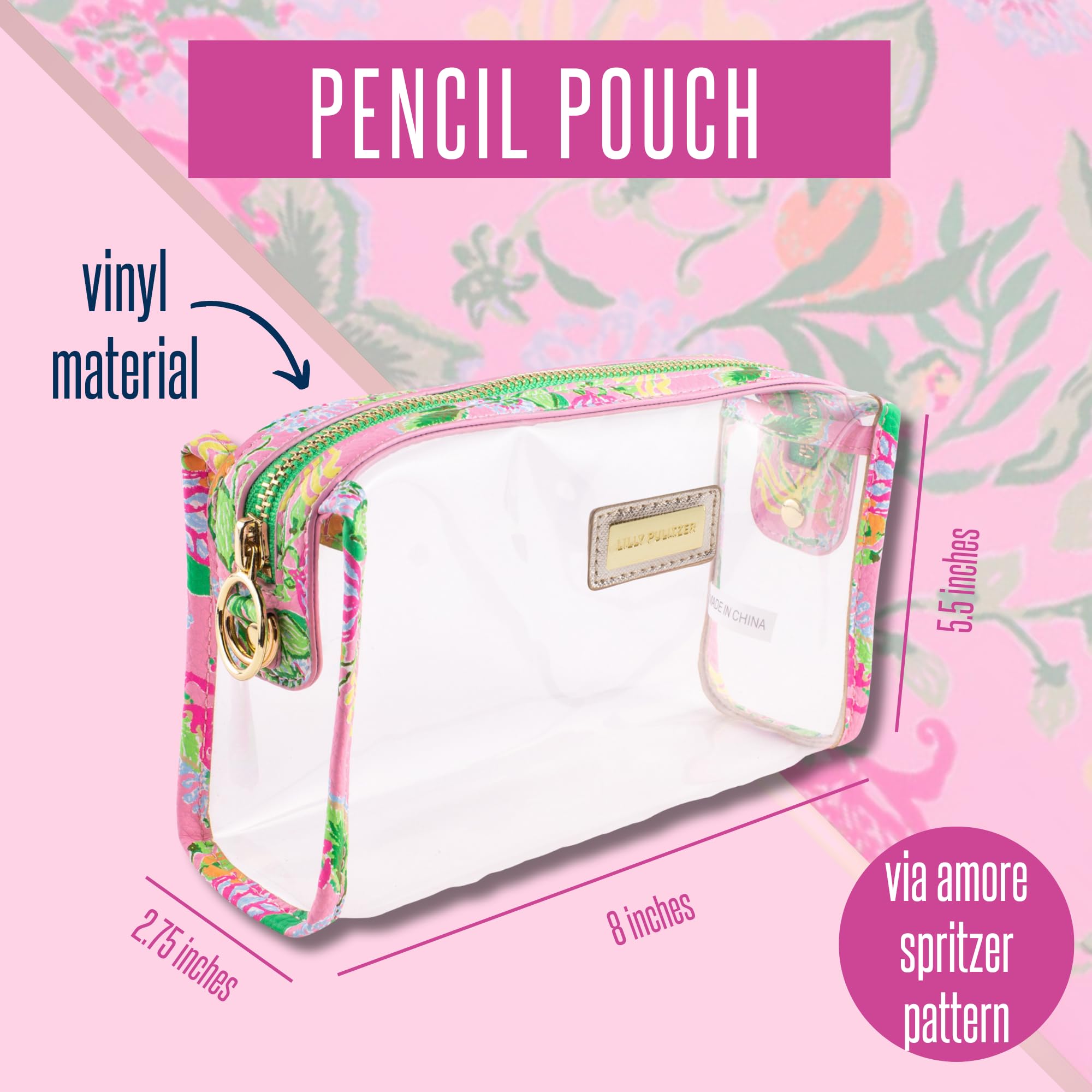 Lilly Pulitzer Clear Zipper Pouch - Stylish Waterproof Makeup Bag for Women | Perfect Travel Toiletry Organizer, Cosmetic Case & Pencil Pouch for School, Office & Vacation Essentials (Via Amore Spritzer Design)