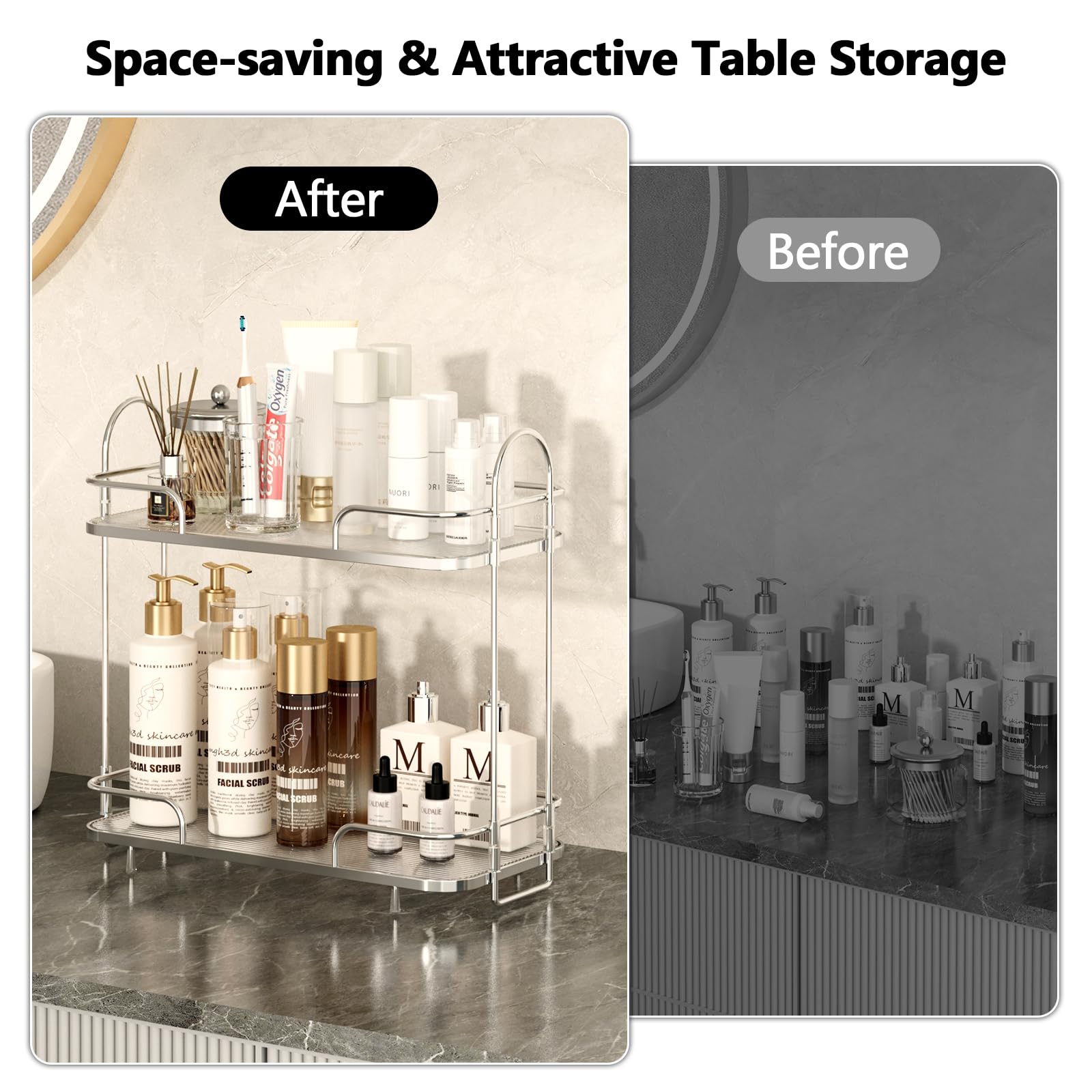2-Tier Bathroom Counter Organizer - Silver Makeup & Skincare Vanity Organizer with Perfume Tray | Countertop Storage for Cosmetics, Jewelry & Toiletries | Perfect for Bathroom, Bedroom & Dressing Table Organization