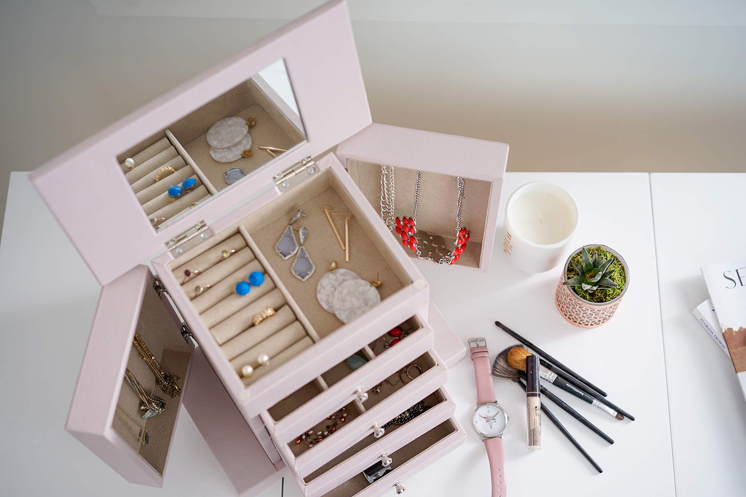 Layla Jewelry Box with Honeycomb Design - Blush Pink Jewelry Storage Organizer for Women | Perfect for Dresser, Vanity, or Gift Giving