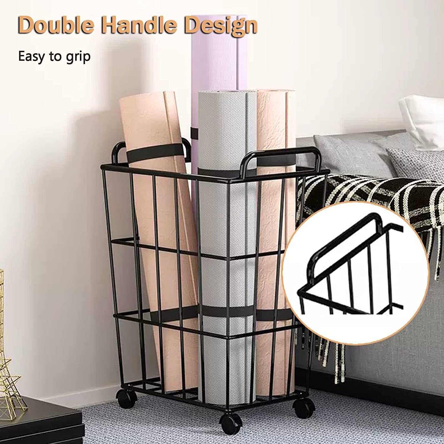 Metal Yoga Mat Organizer Basket with Wheels & Handle - Floor Standing Yoga Mat Holder Storage Cart for Home Gym, Fitness Room & Yoga Studio - Portable Mobile Yoga Equipment Organizer for Easy Mat Storage & Transport