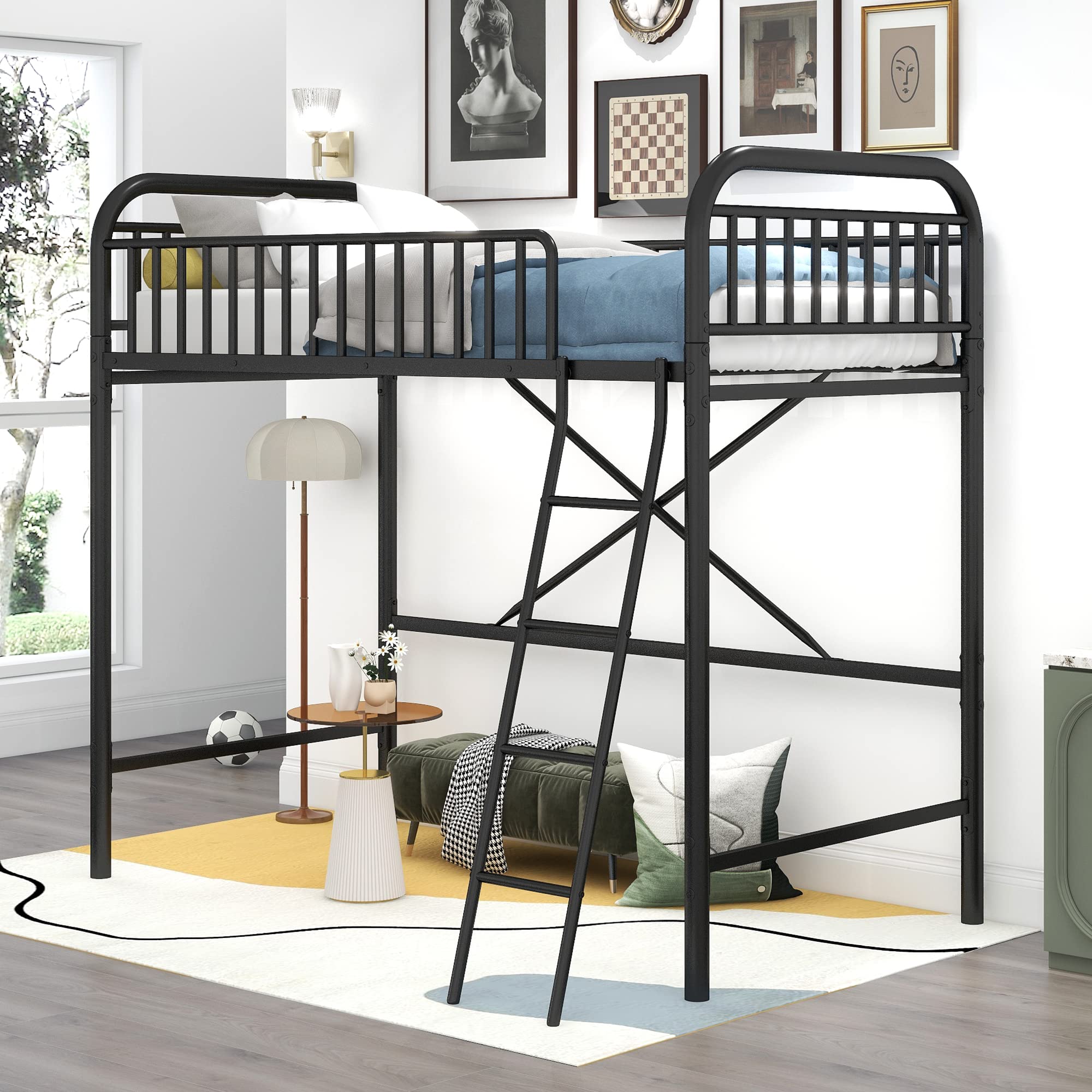 **Twin Size Metal Loft Bed with Ladder & Full-Length Guardrail - Heavy Duty Kids Bunk Bed Frame for Boys & Girls - No Box Spring Needed (Black) - Perfect for Small Bedrooms, Dorms & Space-Saving Kids' Rooms**