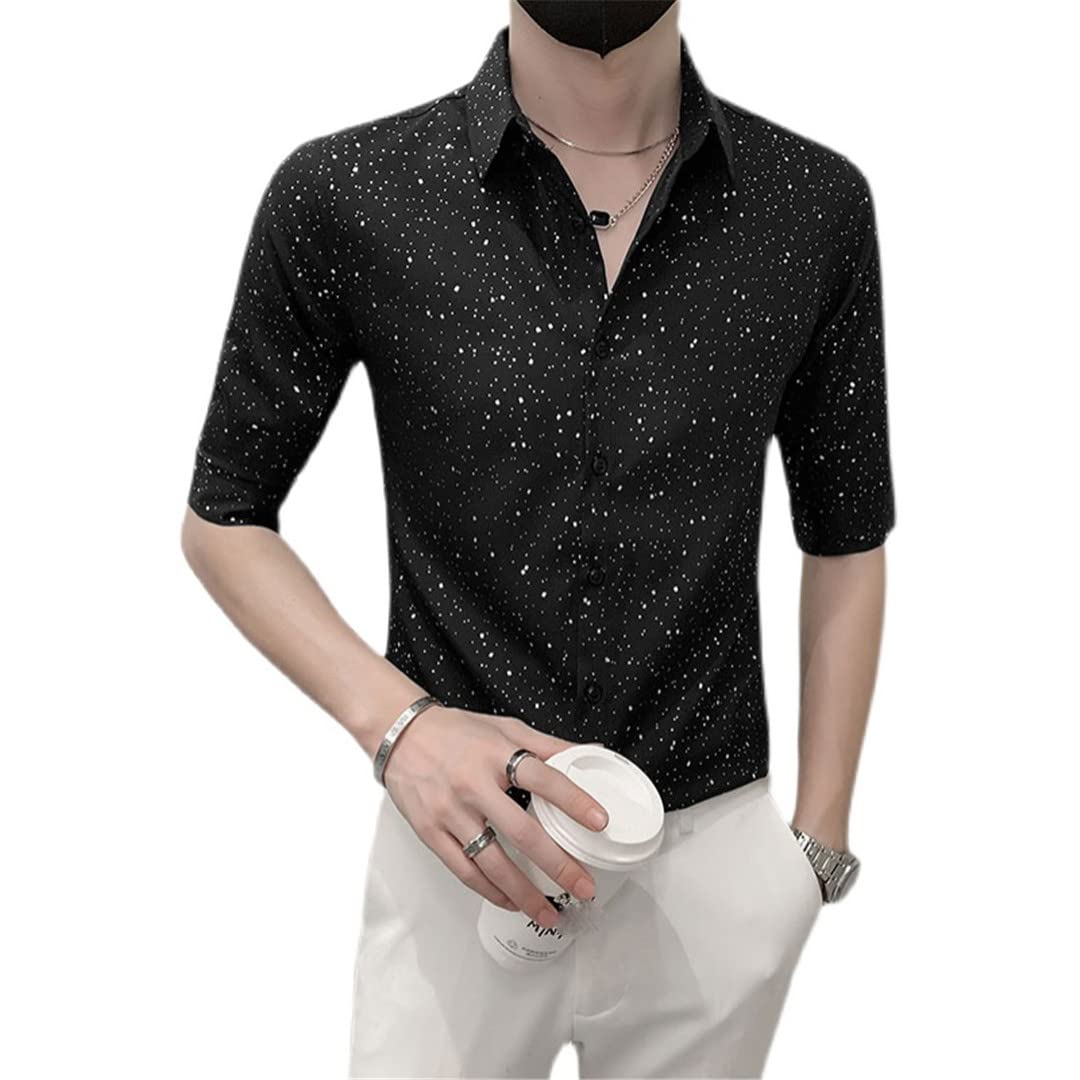 Plus Size Men's Slim Fit Half Sleeve Tuxedo Shirt - Black & White Spring Summer Casual Dress Shirt for Office, Wedding & Formal Events