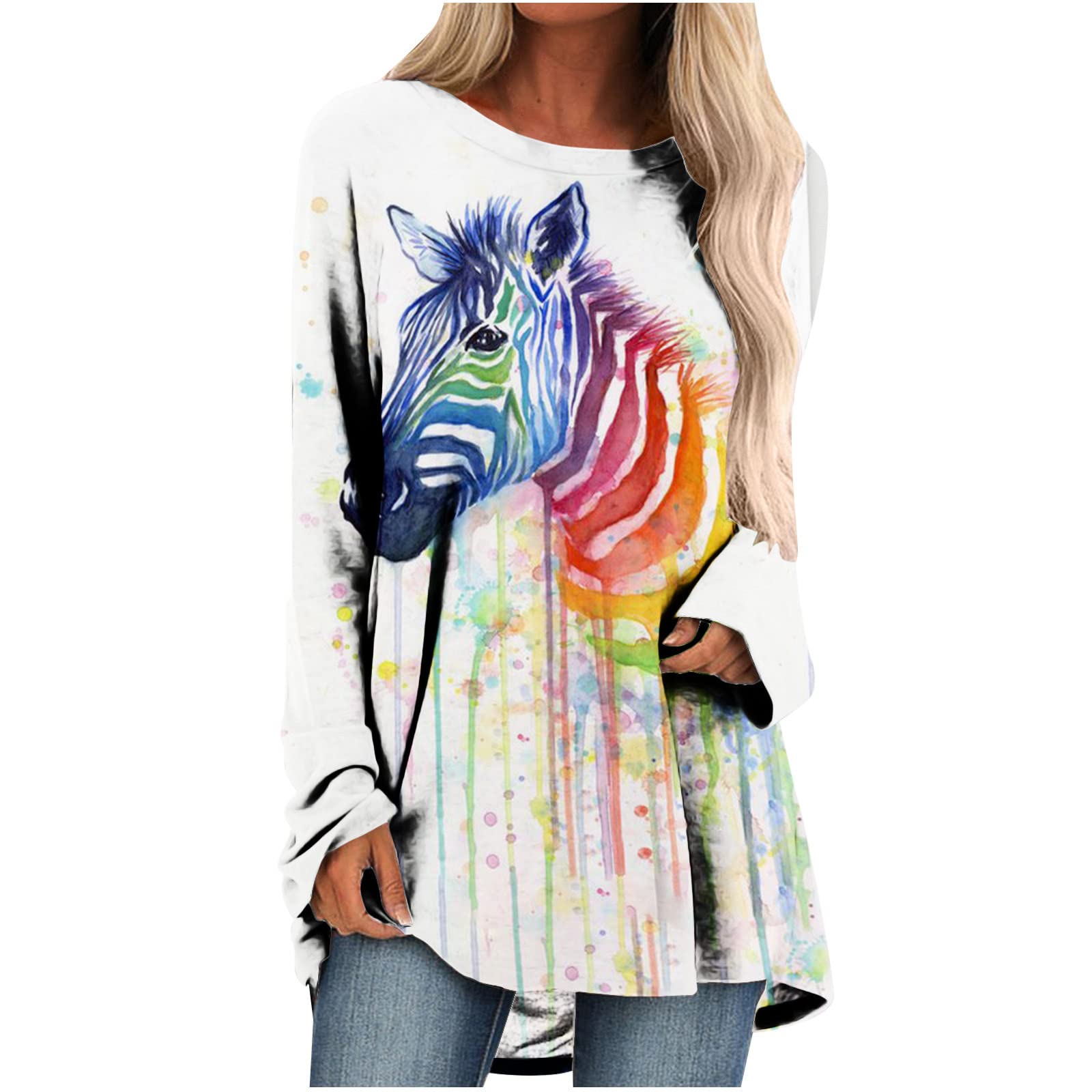 Women's Animal Print Tunic Tops - Fashion Casual Crew Neck Long Sleeve Loose Fit Shirts for Spring | Perfect for Office Wear, Weekend Outings & Casual Dates