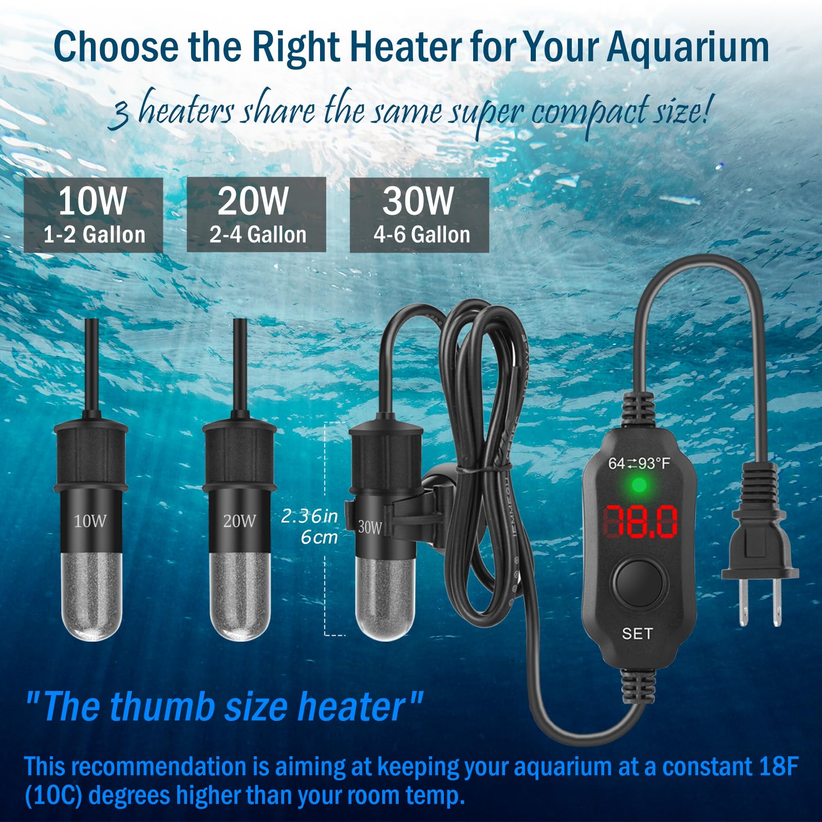 10W Mini Aquarium Heater with Digital Thermostat - Super Small Fish Tank Heater for 1-2 Gallon Betta, Turtle & Nano Tanks | Perfect for Desktop Aquariums, Office Decor & Small Pet Habitats