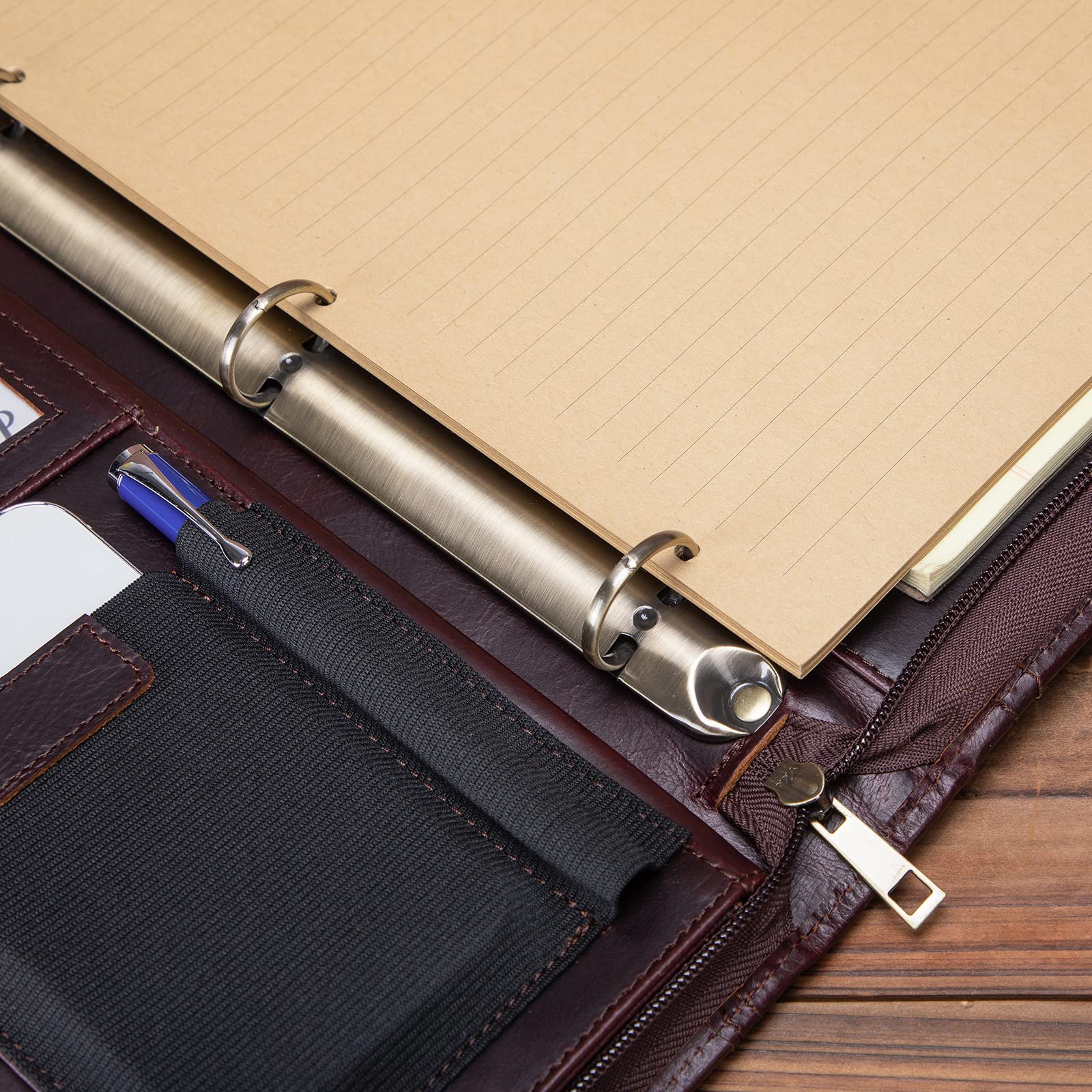 Premium Full Grain Leather Portfolio with 3-Ring Binder | Zippered A4 Notebook Holder & Laptop Sleeve | Professional Organizer for Business Meetings, Office Work & Travel | Oil-Tanned Dark Brown Leather Gift for Men & Women