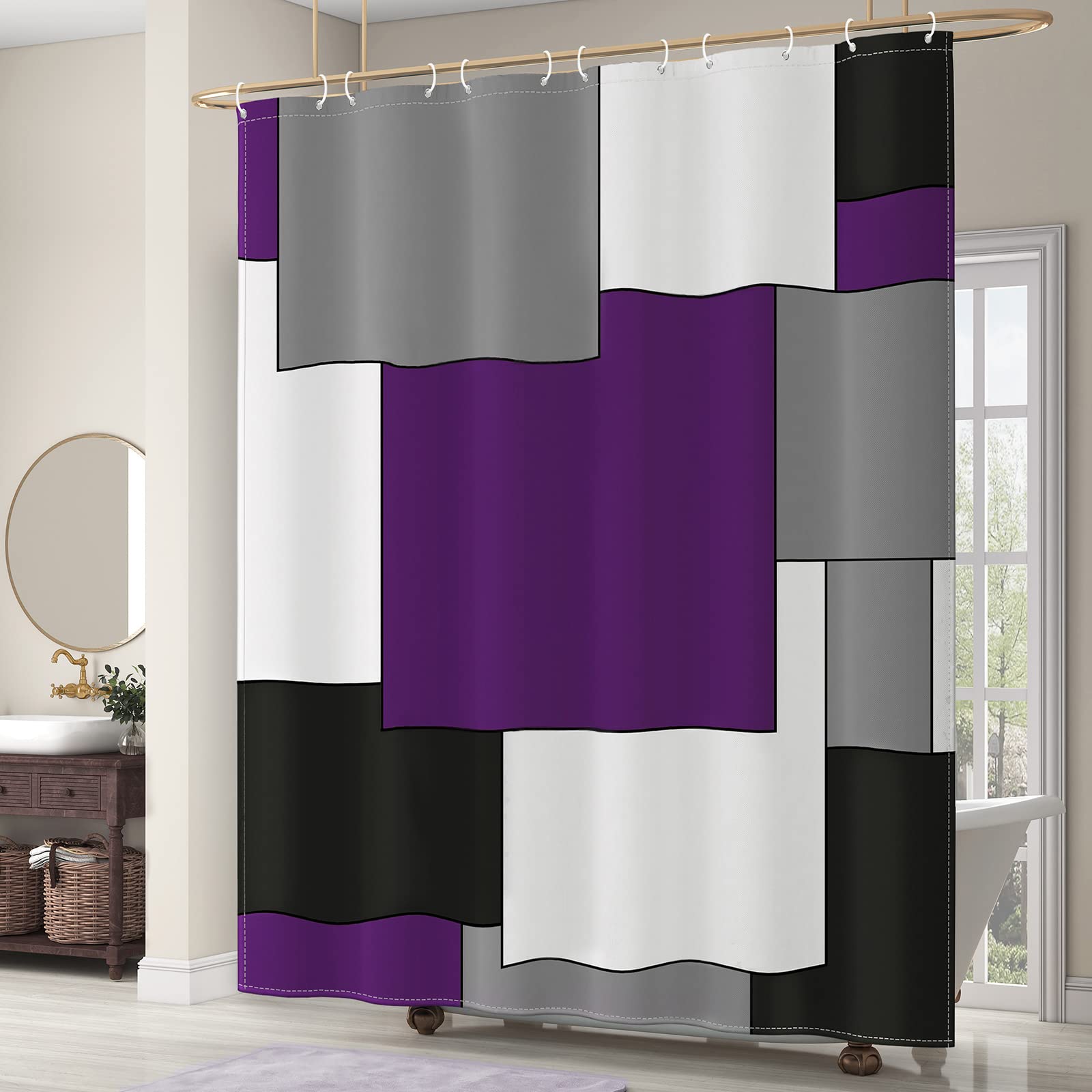 Modern Purple and Gray Shower Curtain Set - Waterproof Bathroom Decor with 12 Hooks, 72x72 Inches - Perfect for Spa-Like Showers and Contemporary Bathroom Designs