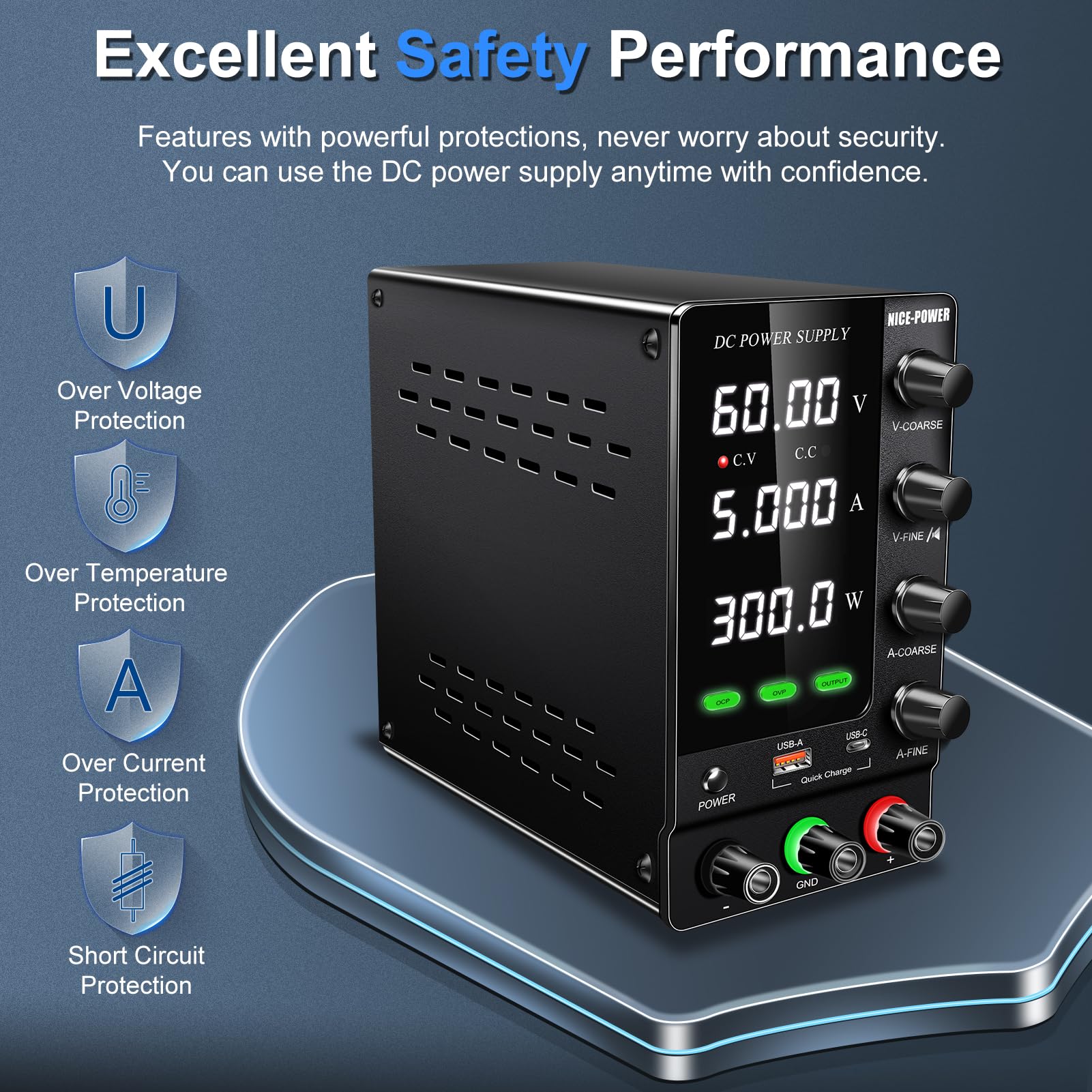 Adjustable 60V 5A DC Bench Power Supply with Digital Display - Variable Regulated Lab Power Source with Encoder, OVP/OCP Protection & USB Quick Charge for Electronics Testing, DIY Projects, and School Labs